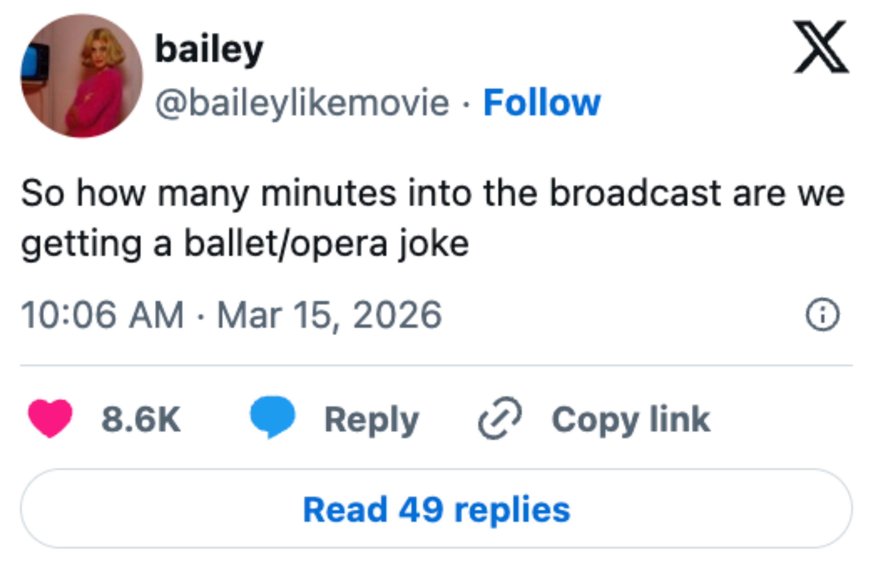 A tweet from user&nbsp; jokingly asks how many minutes into a broadcast until there's a ballet or opera joke