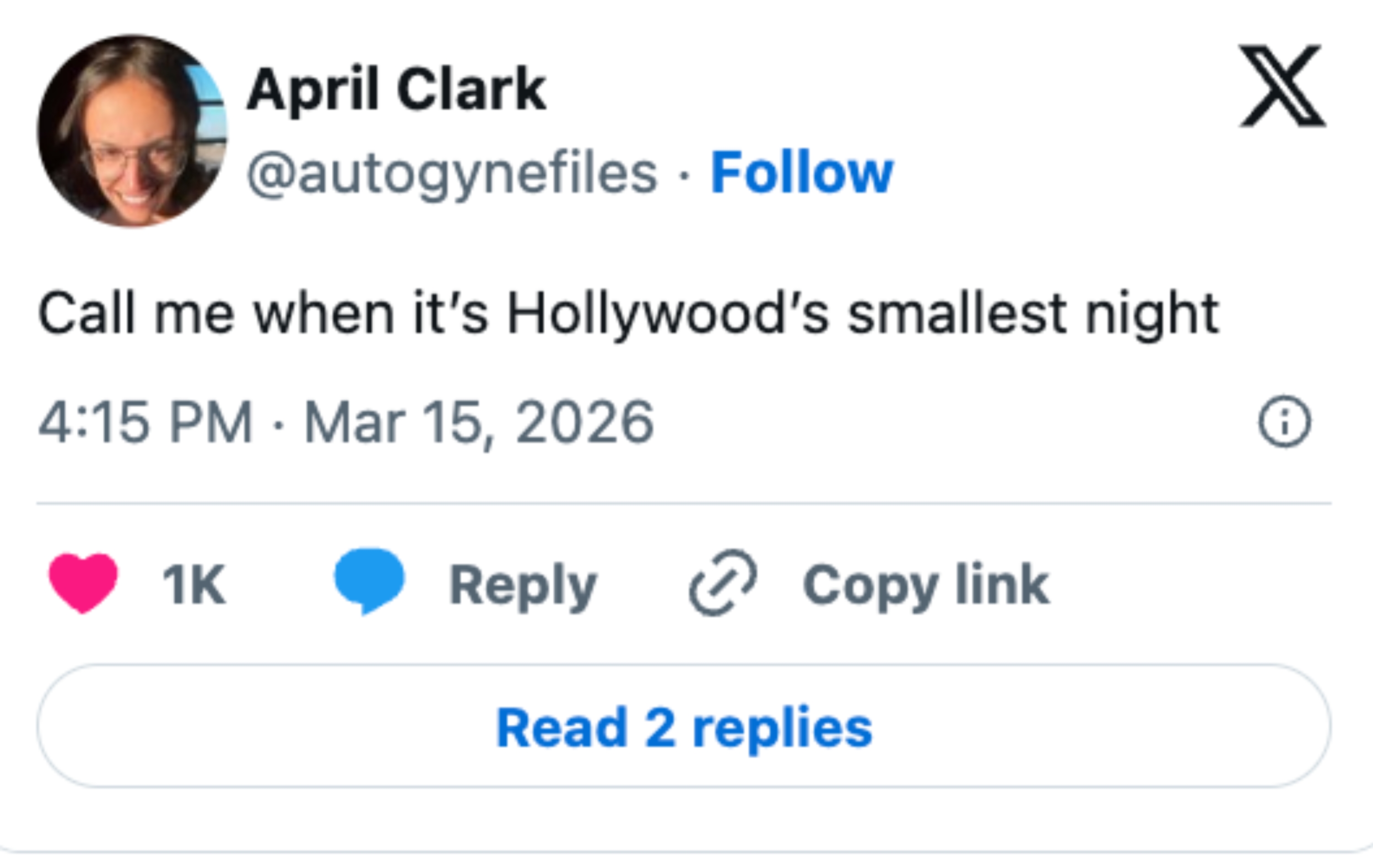 Social media post reads, "Call me when it's Hollywood's smallest night."