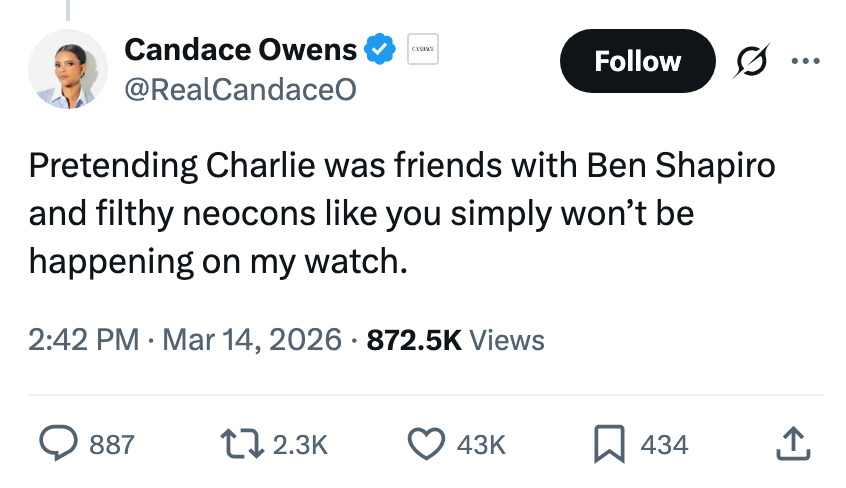A tweet from Candace Owens stating disbelief astir  Charlie being friends with Ben Shapiro and neocons, with engagement metrics below