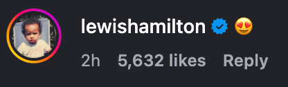 Instagram remark  by idiosyncratic    lewishamilton, verified with a bluish  checkmark, showing heart-eyes emoji; station  has 5,632 likes