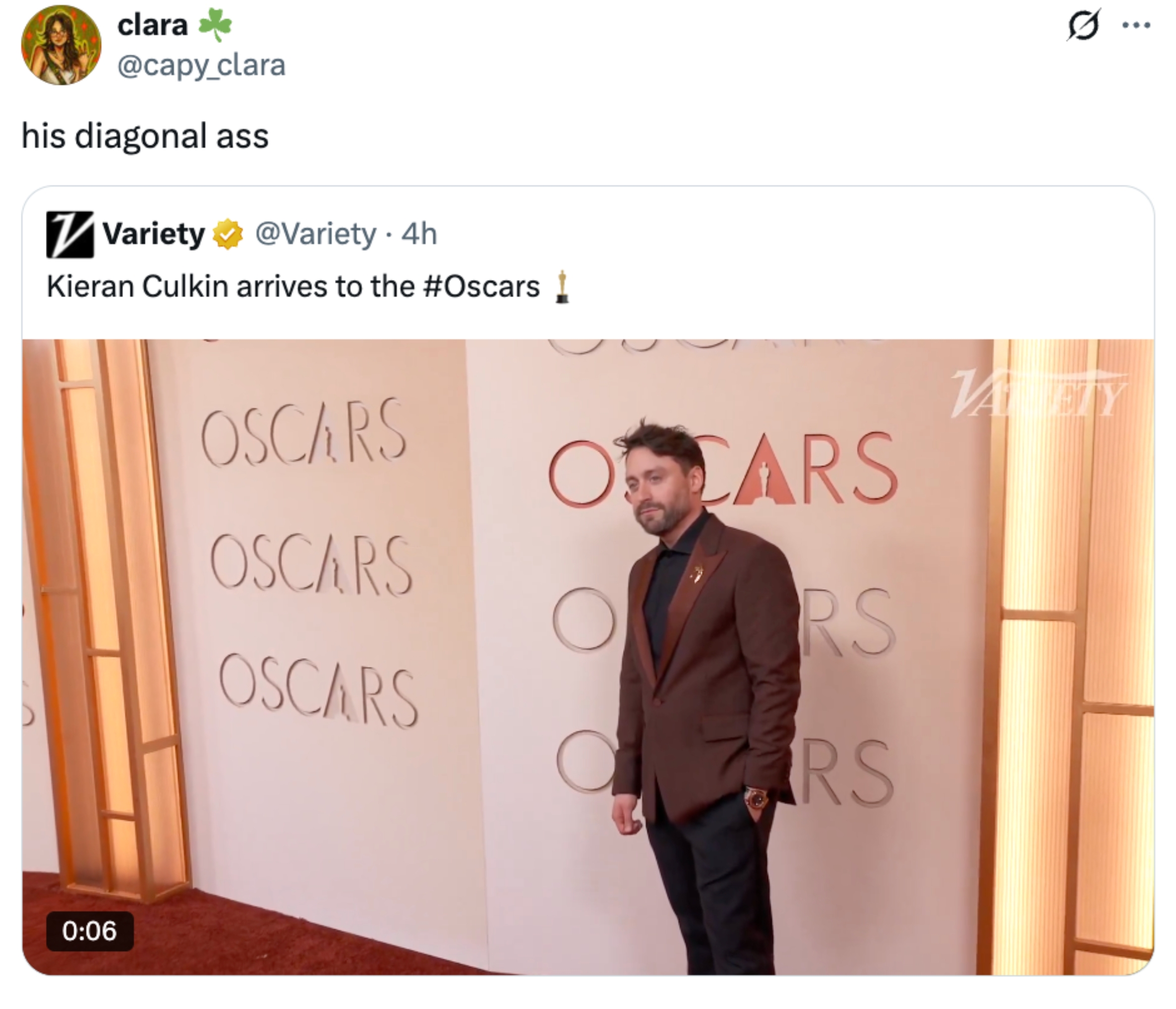 A person stands on the Oscars red carpet in a stylish dark suit