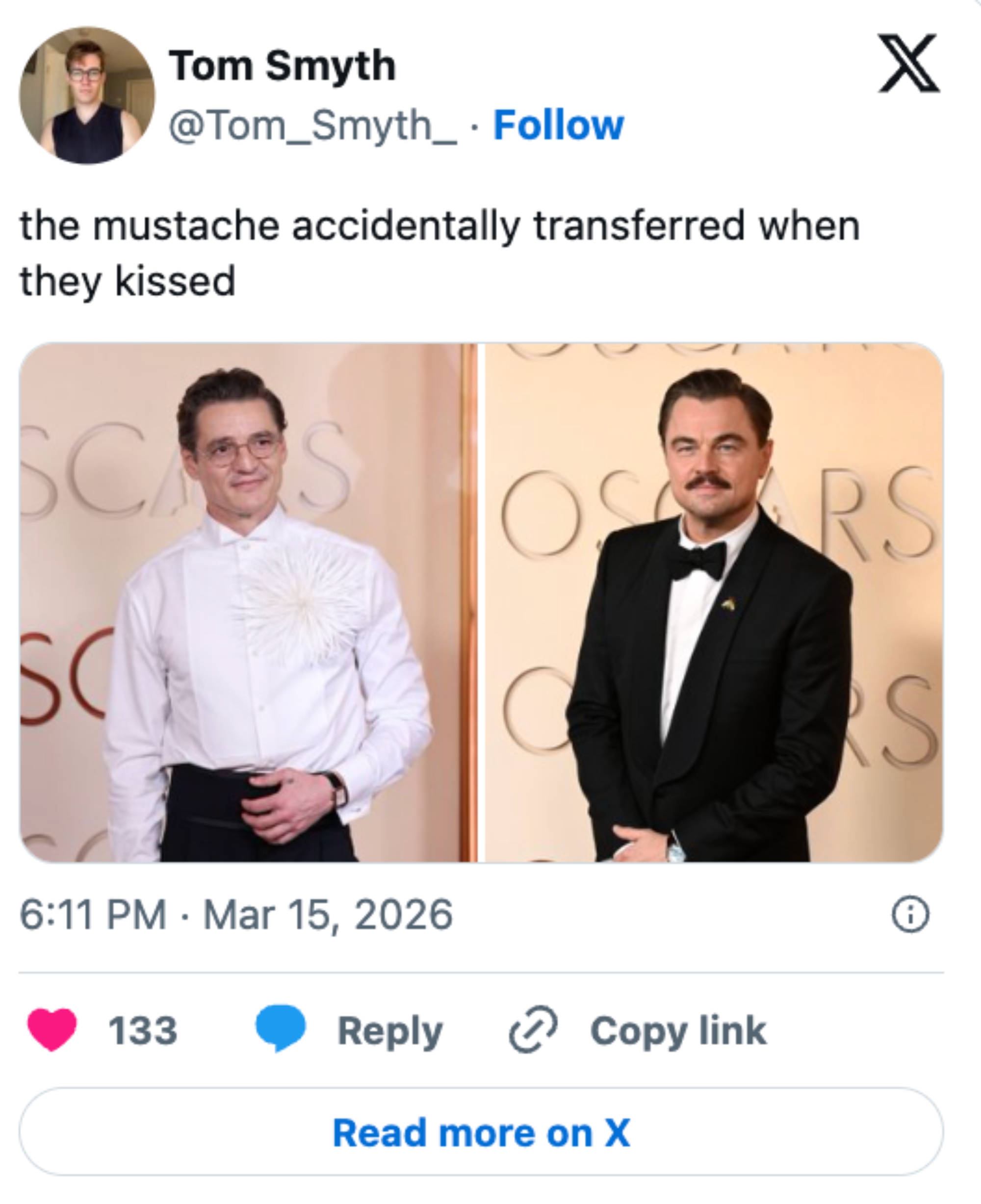 Split image of two individuals at the Oscars; one in a detailed white shirt, the other in a classic tuxedo. Caption jokes about a mustache transfer