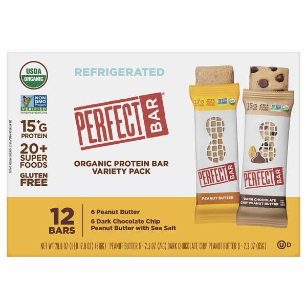 Perfect Bar variety pack box featuring organic peanut butter and dark chocolate chip protein bars. USDA Organic, non-GMO, gluten-free certifications