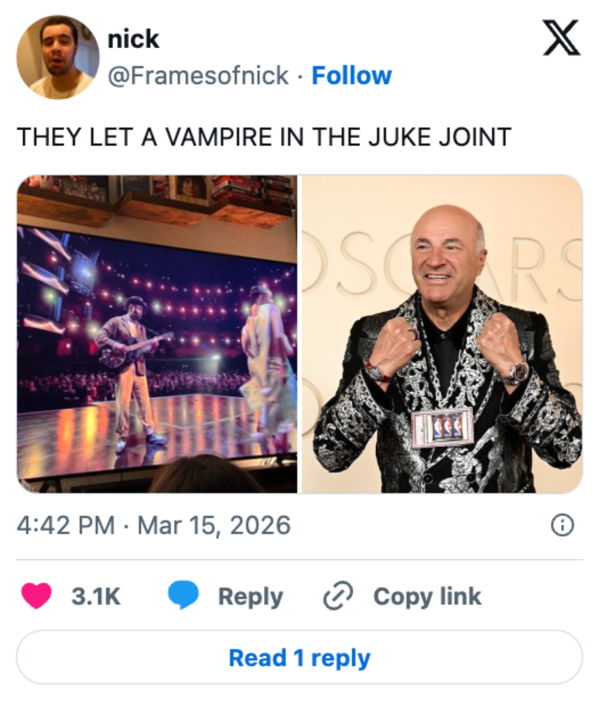 Tweet with two images: a TV showing a musical performance and a man in ornate clothing at an event. Caption: "THEY LET A VAMPIRE IN THE JUKE JOINT."