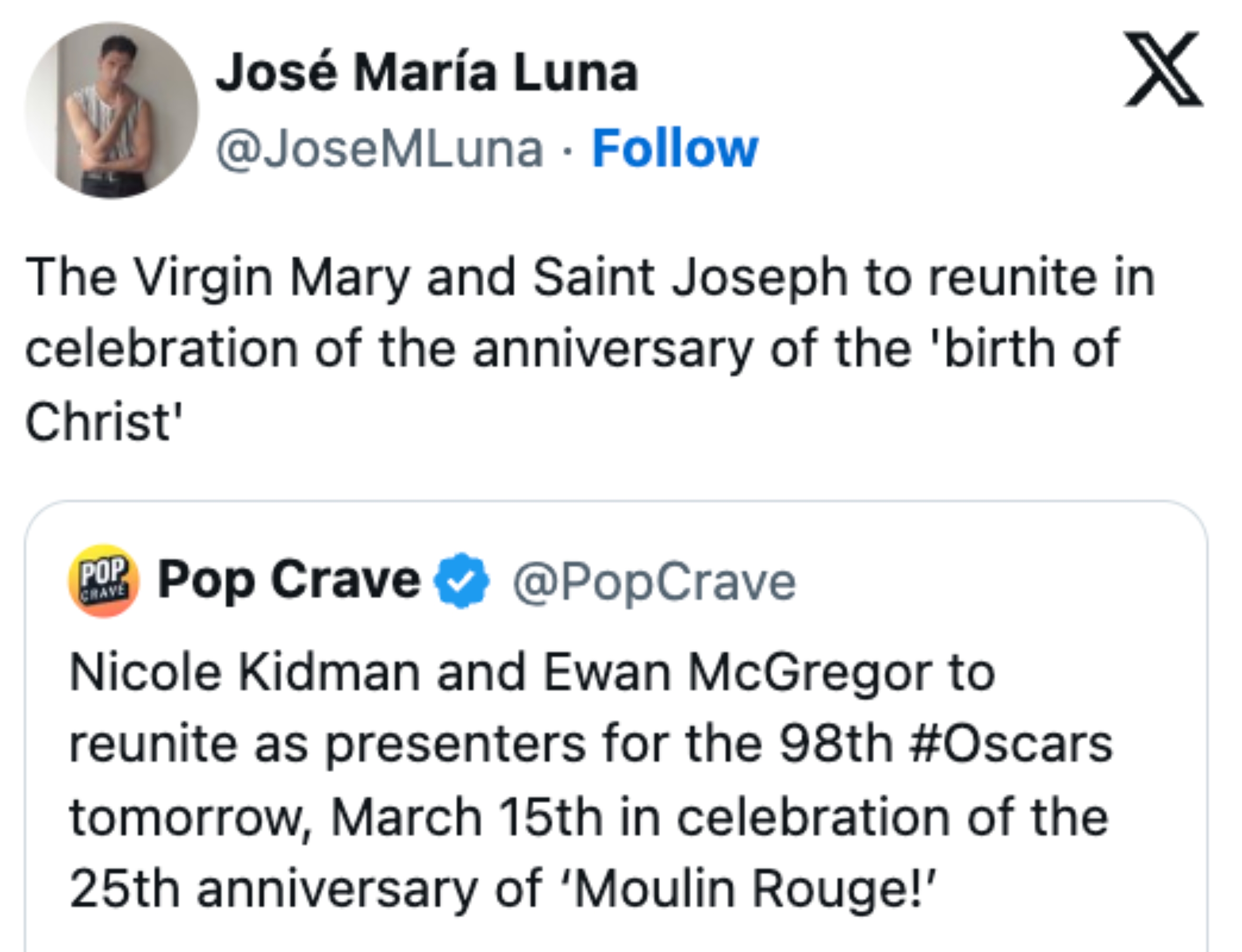 Tweet jokingly suggests the Virgin Mary and Saint Joseph reuniting, alongside a real announcement of Nicole Kidman and Ewan McGregor at the Oscars