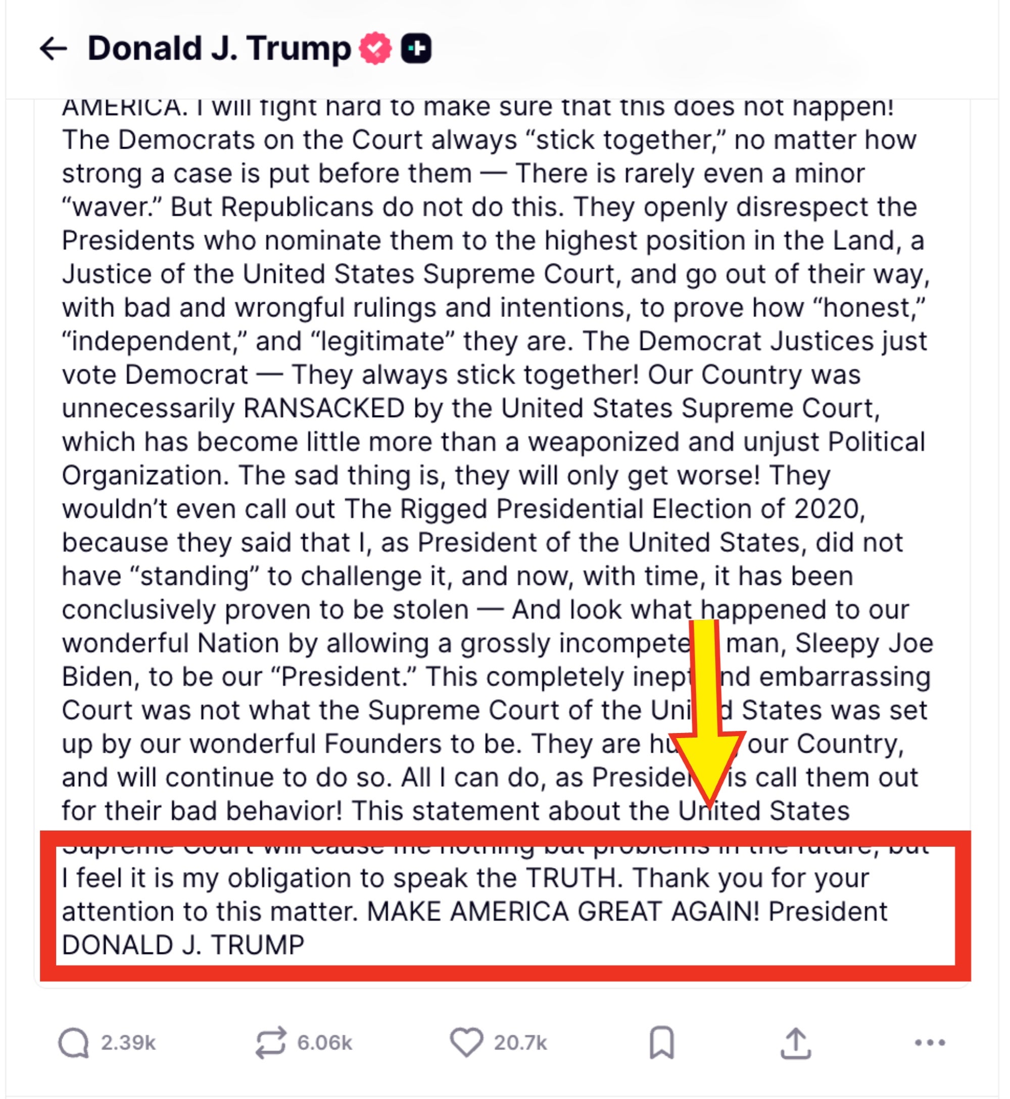 Sammendrag av et innlegg i sosiale medier av Donald J. Trump som diskuterer rettssystemet, kritiserer demokrater og dommere og nevner bekymringer om valgintegritet