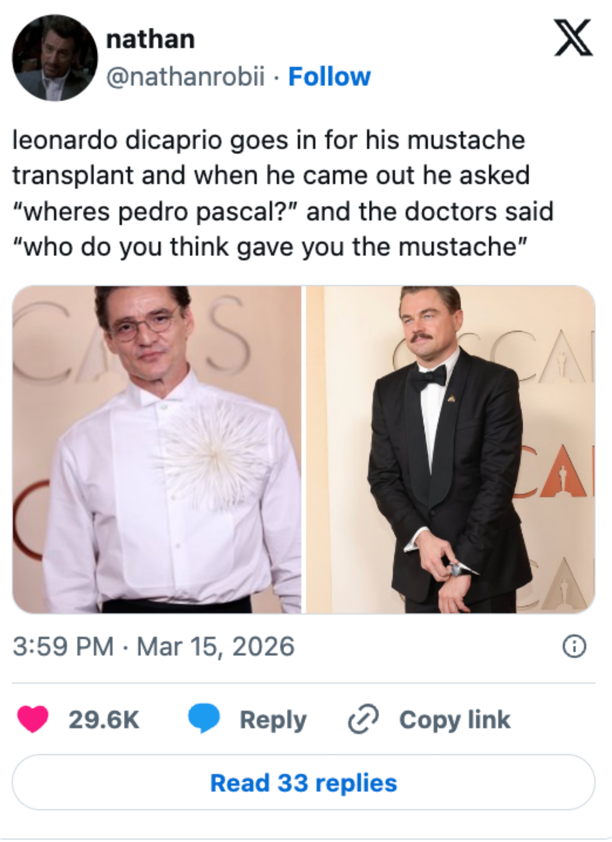 A humorous tweet about Leonardo DiCaprio's mustache transplant, jokingly referencing Pedro Pascal