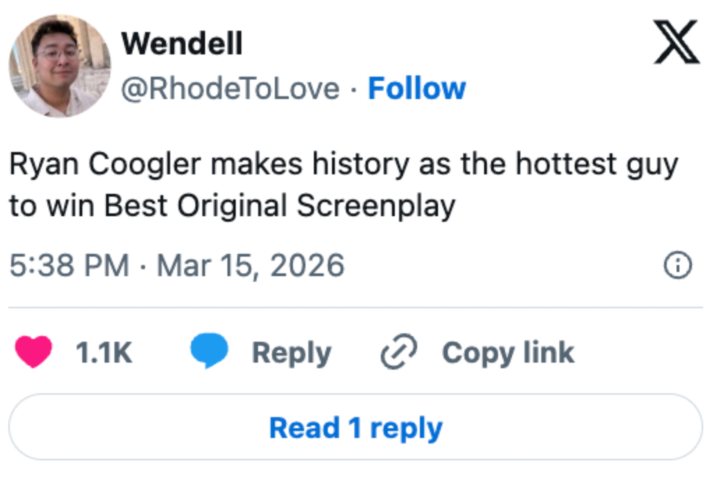 Social media post joking that Ryan Coogler is the "hottest guy" to win Best Original Screenplay