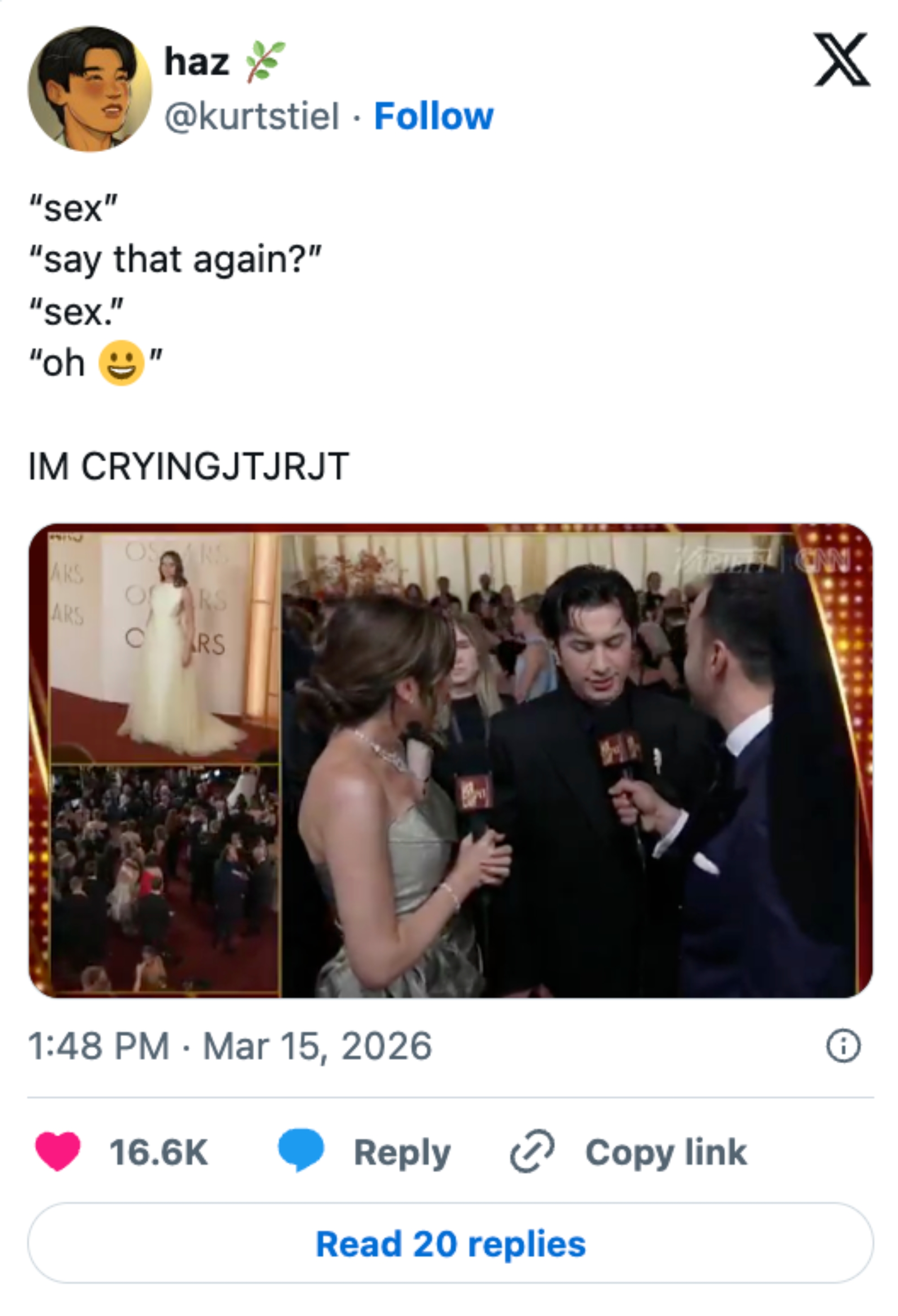 A man in a suit is interviewed by two reporters on the Oscars red carpet. A tweet above humorously quotes the interview