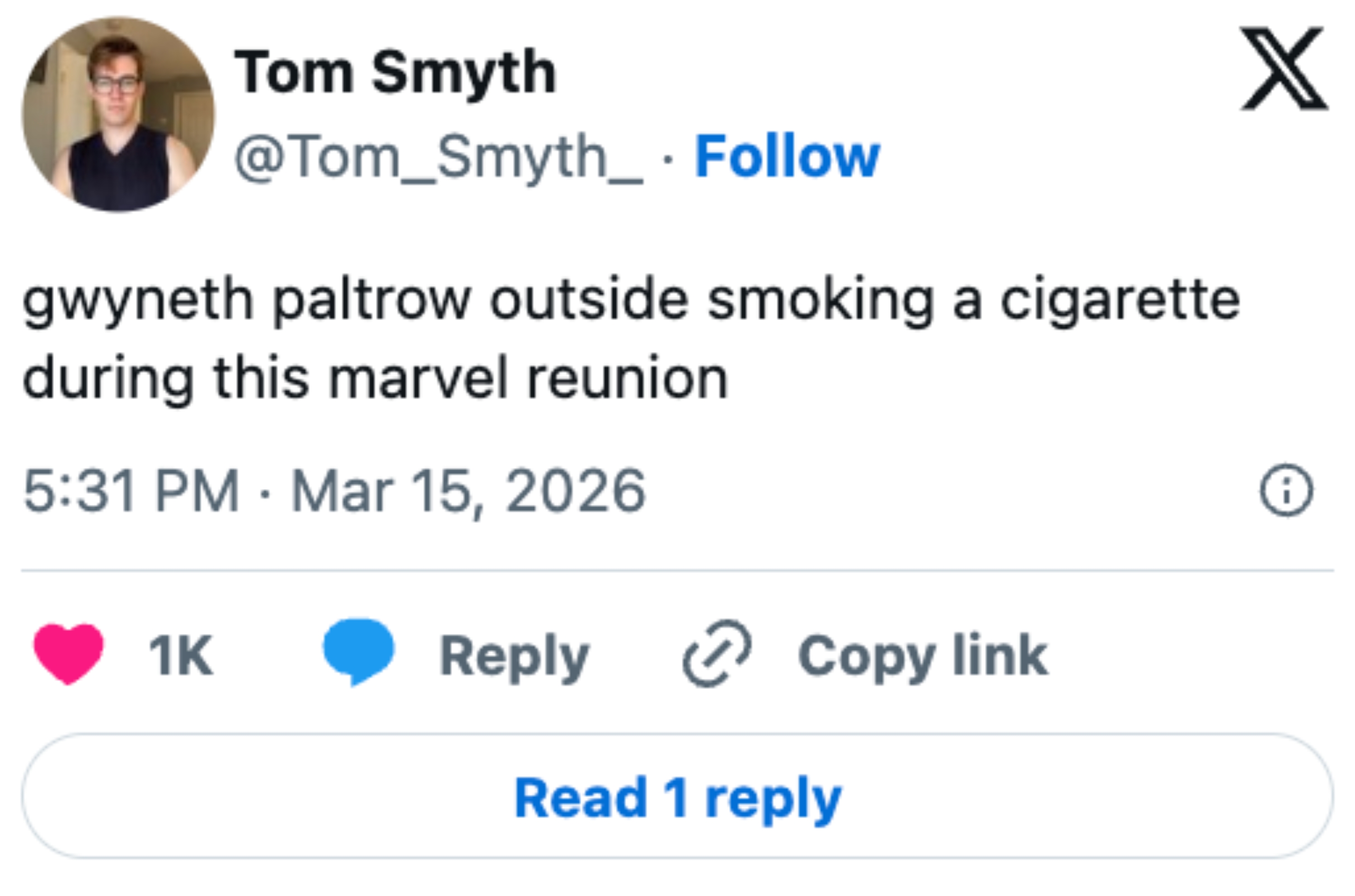 Social media post mentioning Gwyneth Paltrow smoking a cigarette outside during a Marvel reunion, dated March 15, 2026