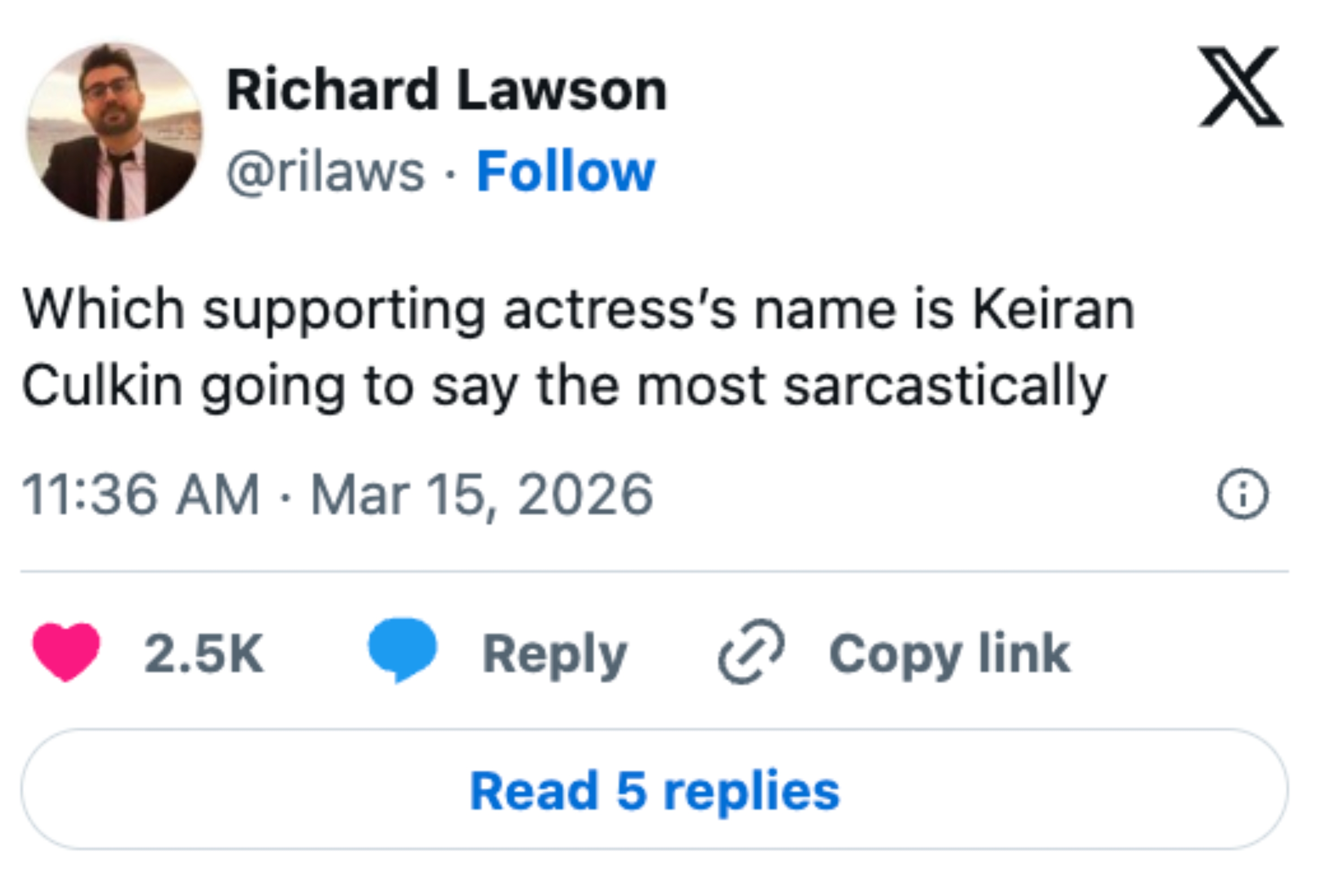 Tweet asking which supporting actress's name Kieran Culkin will say most sarcastically