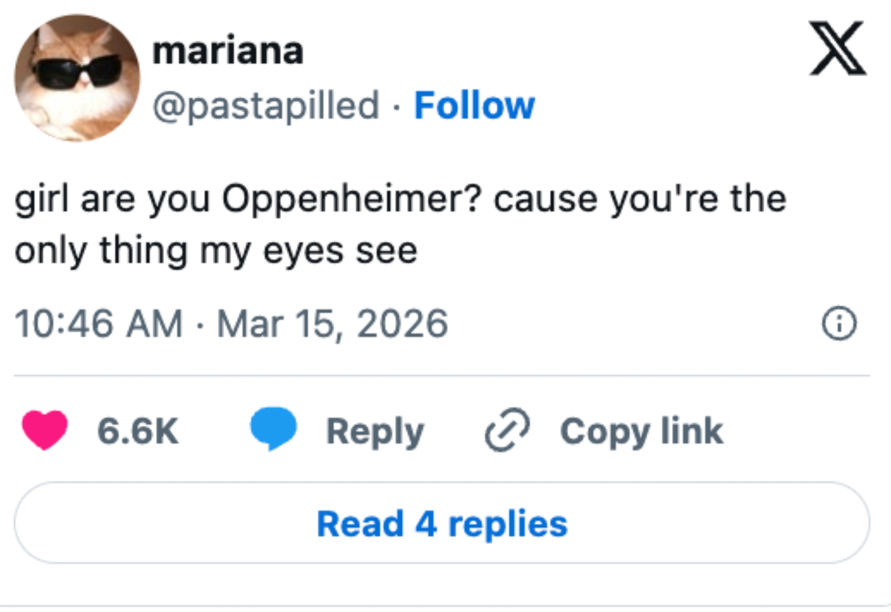 Social media post with a humorous pickup line referencing "Oppenheimer" and a user profile