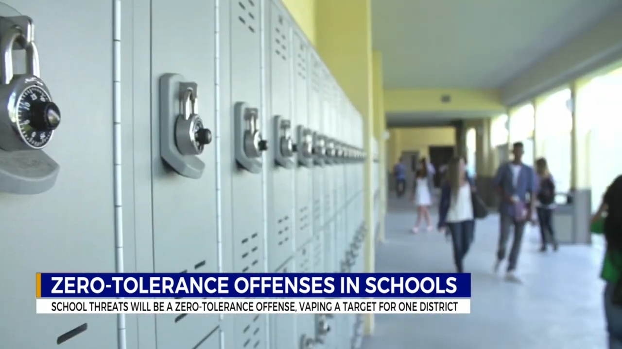  "Zero-tolerance offenses successful  schools." Vaping targeted; schoolhouse  threats are zero-tolerance offenses