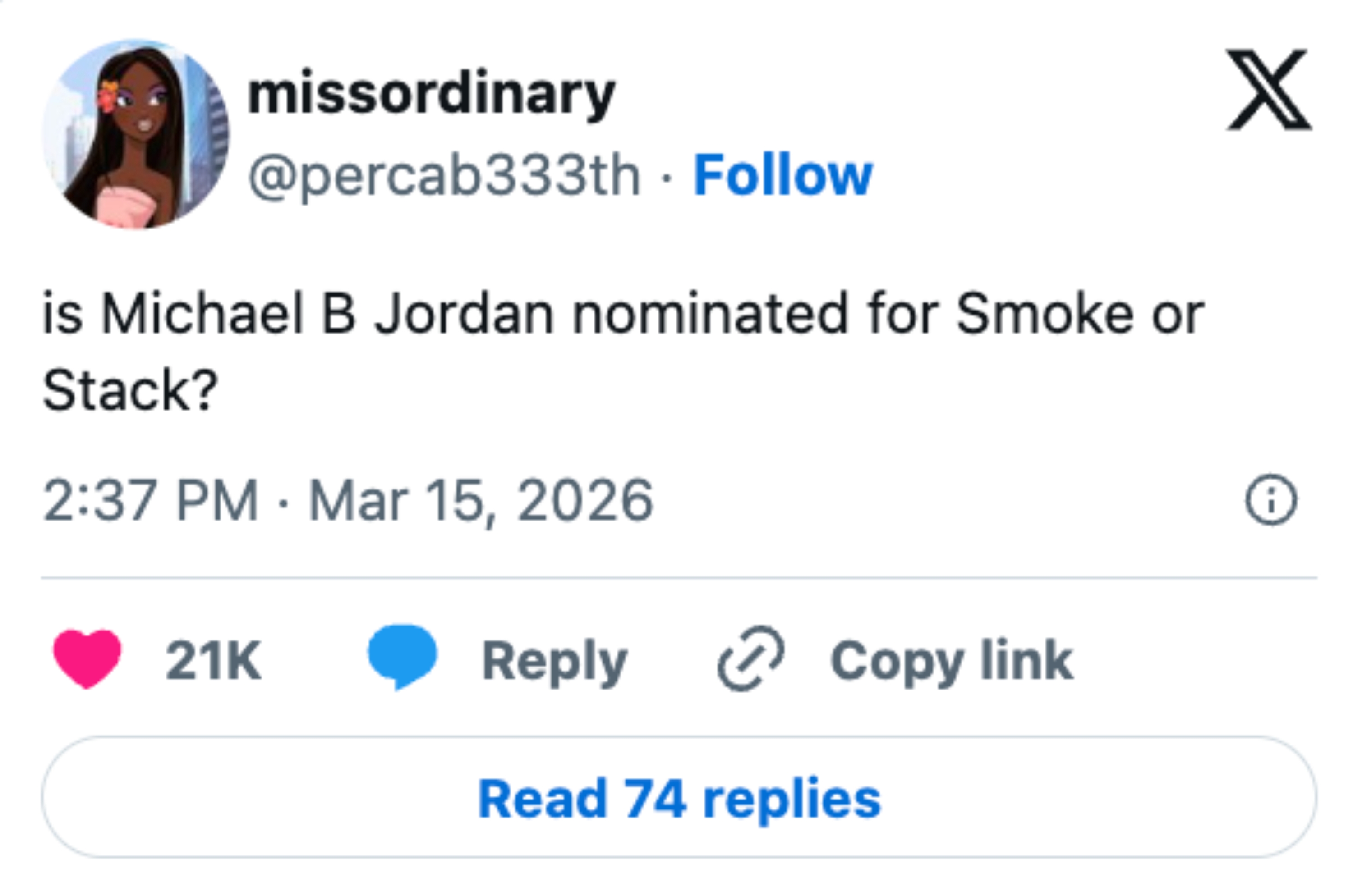 A social media post questioning if Michael B. Jordan is nominated for "Smoke or Stack," with engagement details below