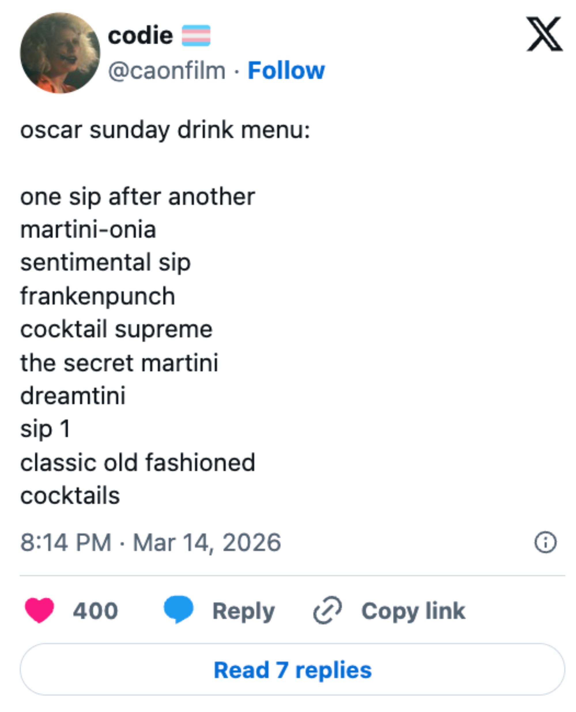 Tweet of a drink menu themed for Oscars day, including options like "martini-onia" and "frankenpunch."
