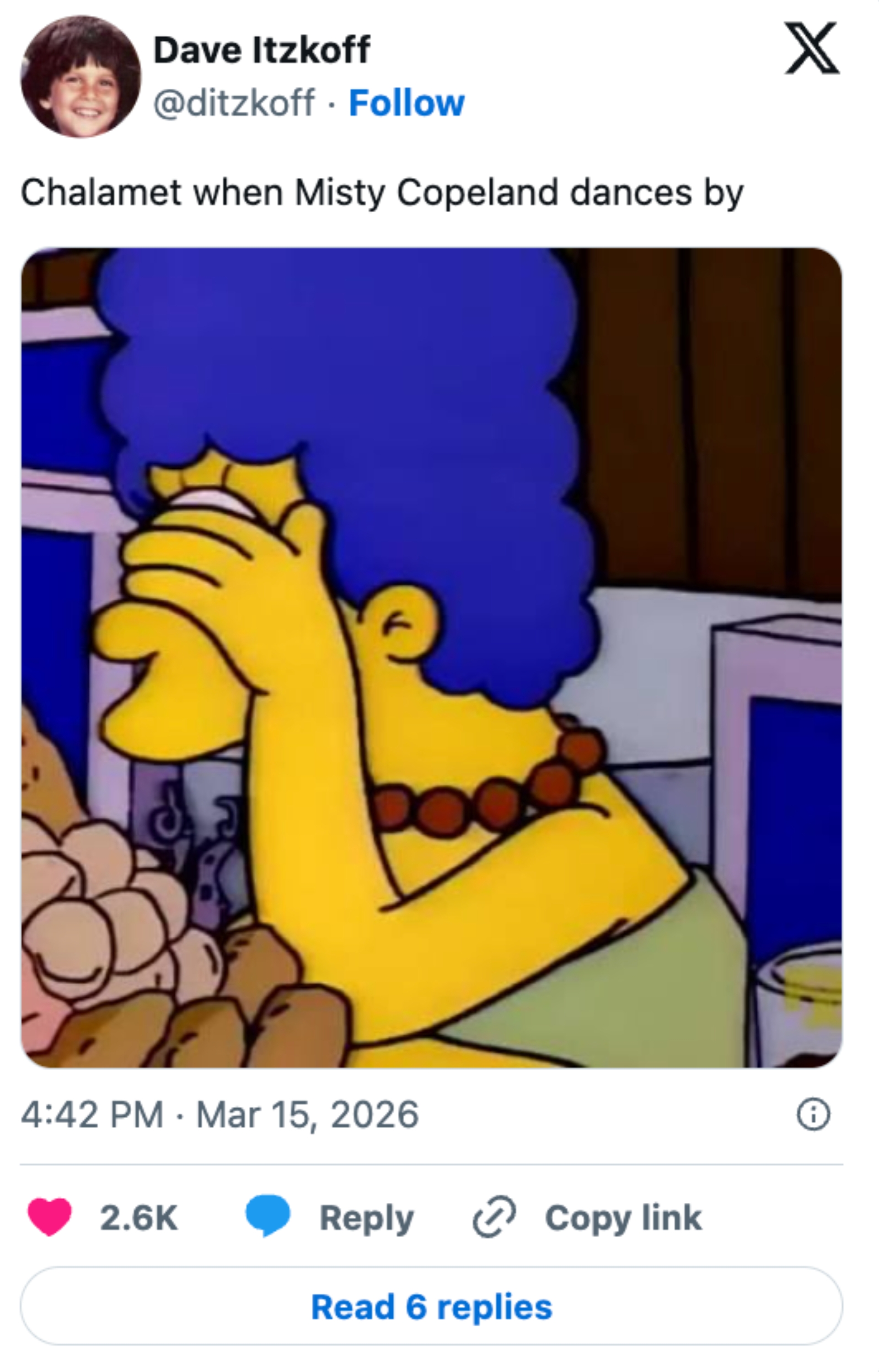 Cartoon character with a surprised expression, hand on forehead. Caption jokes about Timothée Chalamet's reaction to Misty Copeland dancing