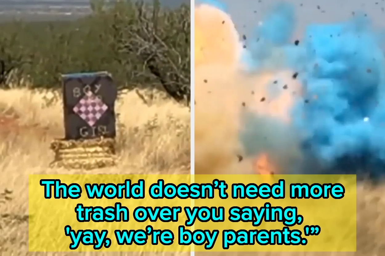 Split image with a gender reveal target and subsequent explosion. Text criticizes excessive celebrations