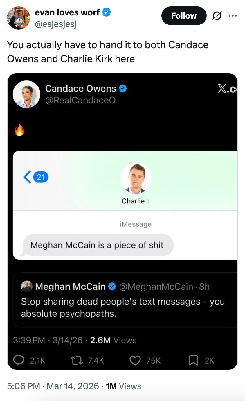 Tweet by @esjesjsj shows Candace Owens' station  with a connection   astir  Meghan McCain. Meghan responds disapprovingly of sharing backstage  texts