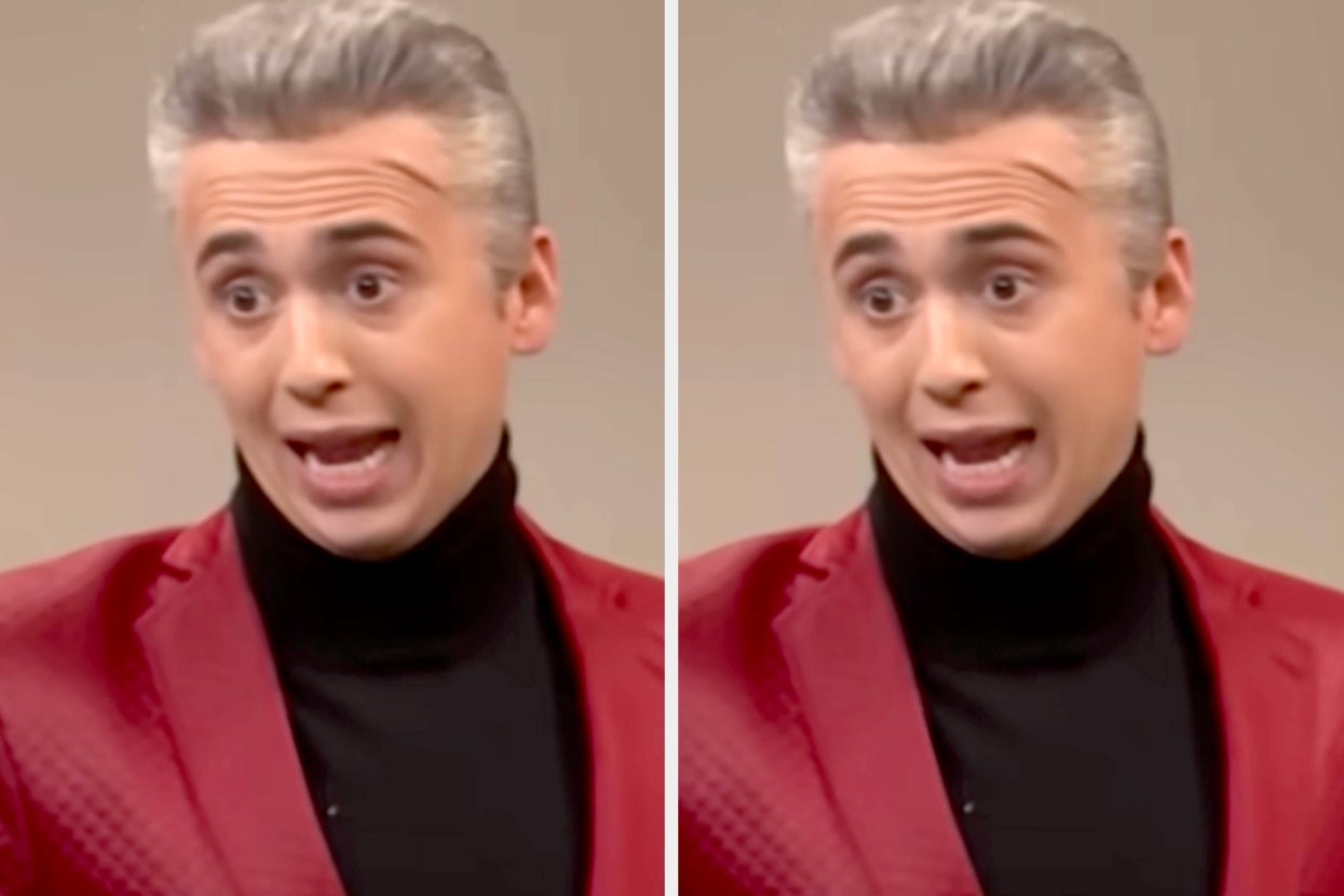 Person in a stylish red blazer and black turtleneck, animatedly expressing in two similar poses