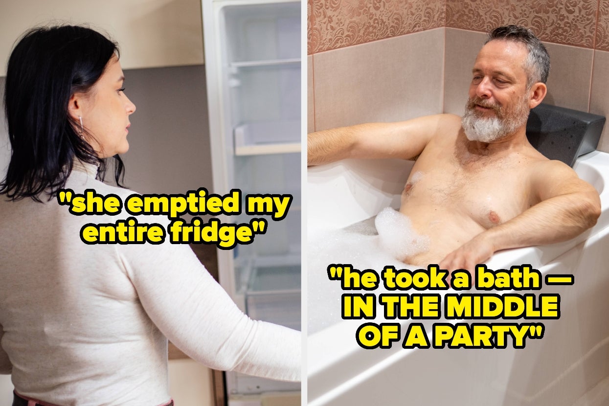On the left, a person next to an open fridge with text: "she emptied my entire fridge." On the right, a person in a bathtub with text: "he took a bath — in the middle of a party."