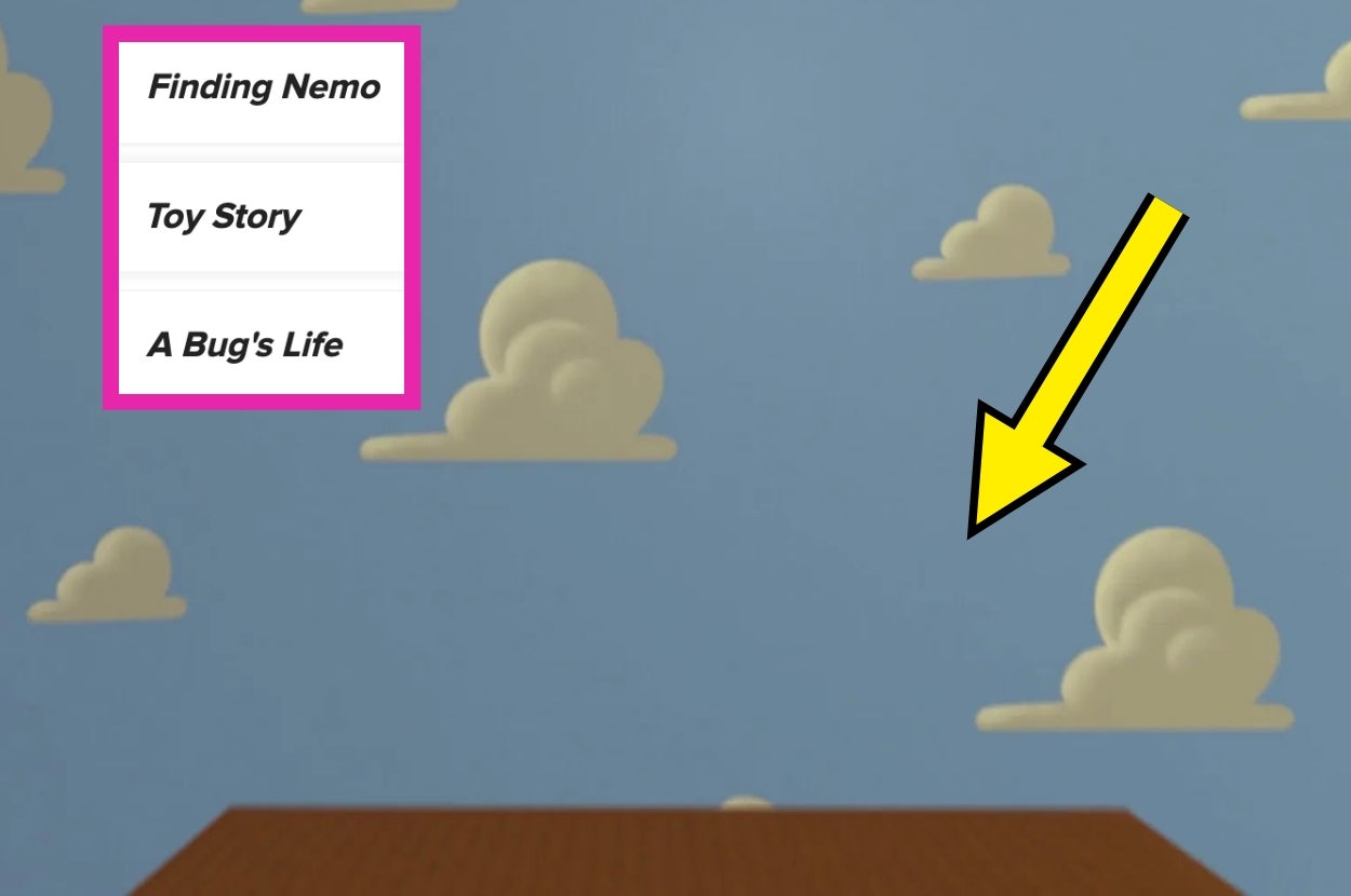 A wall with a sky and clouds design is similar to the one in "Toy Story," with a list including "Finding Nemo," "Toy Story," and "A Bug's Life."