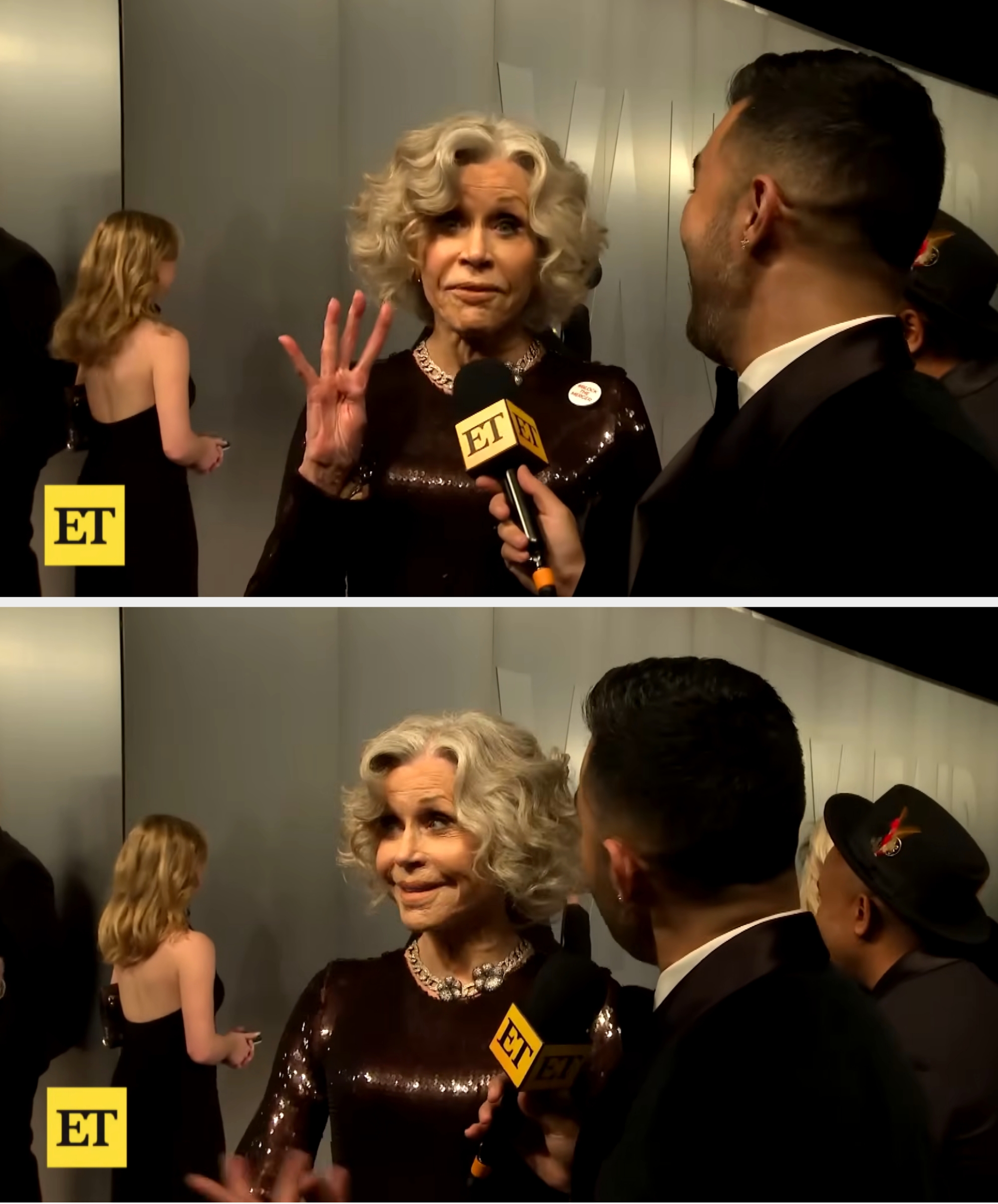 Jane being interviewed connected  a reddish  carpet