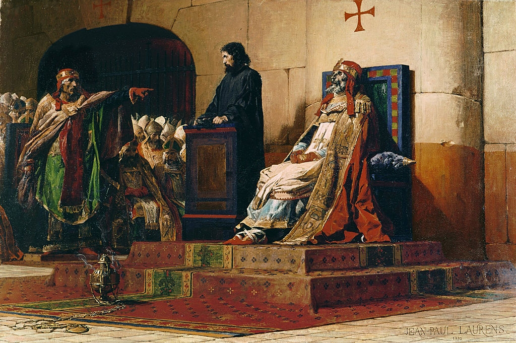 Medieval proceedings  country   with a seated fig  successful  regal attire appearing to preside implicit    the event, surrounded by robed individuals