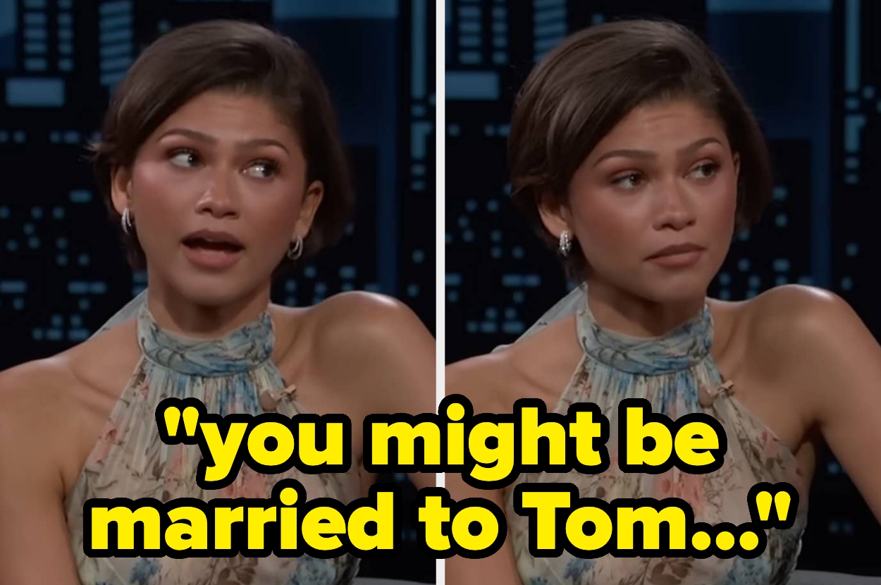 A woman in a stylish halter top appears skeptical on a talk show. Text: "you might be married to Tom..."