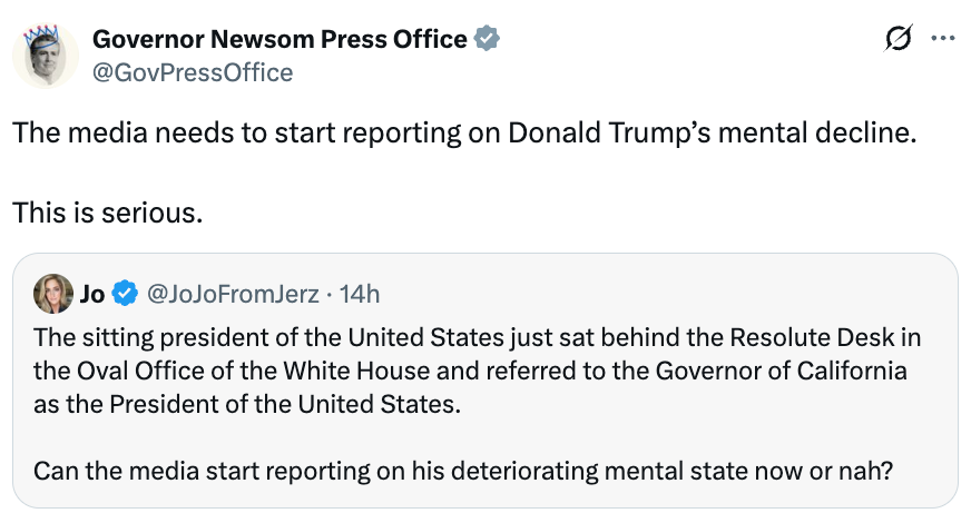 News Tweet astir  Trump’s intelligence   authorities   and actions, urging media coverage; mentions California's politician  being misidentified arsenic  President
