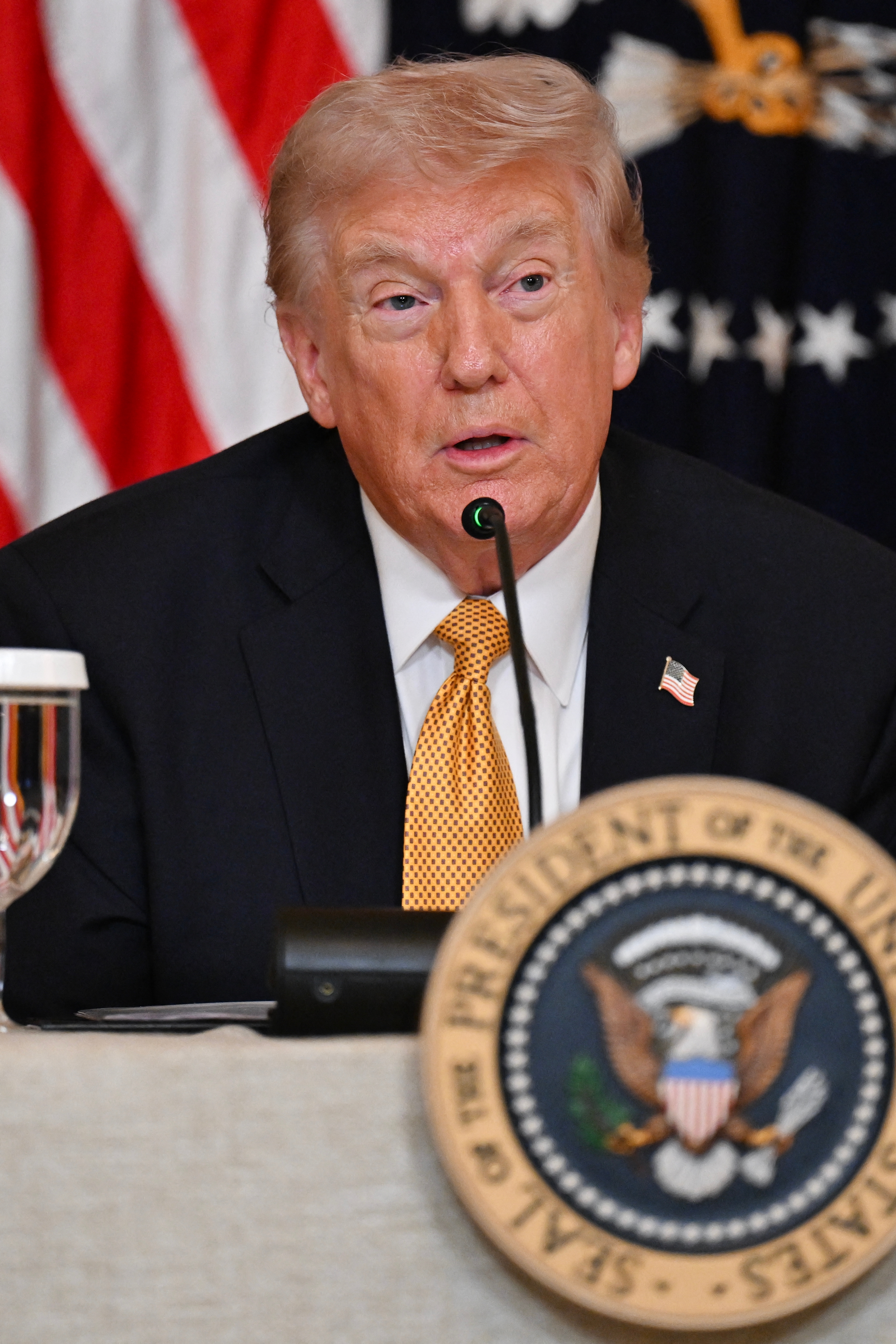 A idiosyncratic   successful  a suit   speaking astatine  a property   conference, with a microphone and a seal successful  beforehand   of them