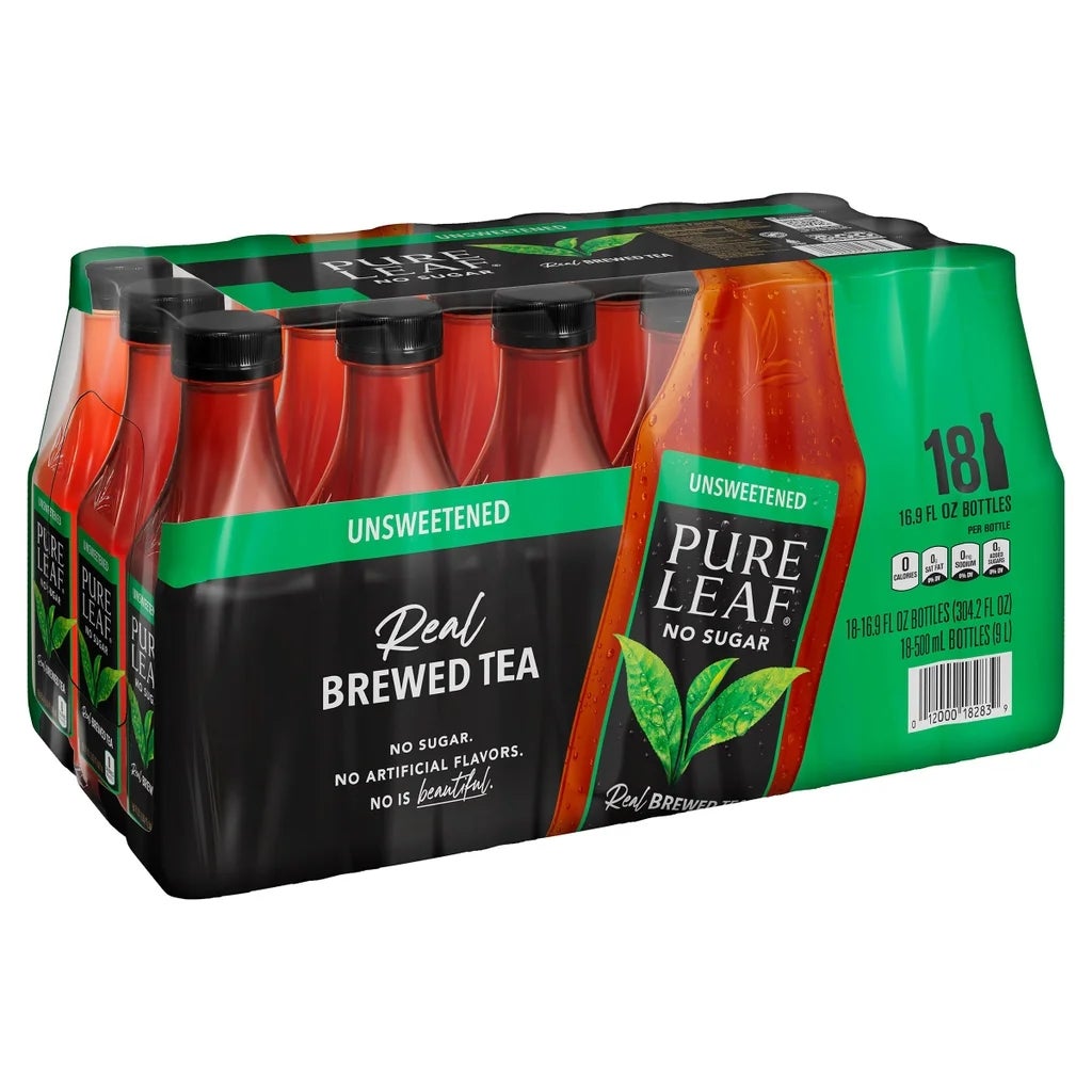 Pack of 18 Pure Leaf 18.5 oz unsweetened black tea bottles, labeled as real brewed tea with no sugar or artificial flavors
