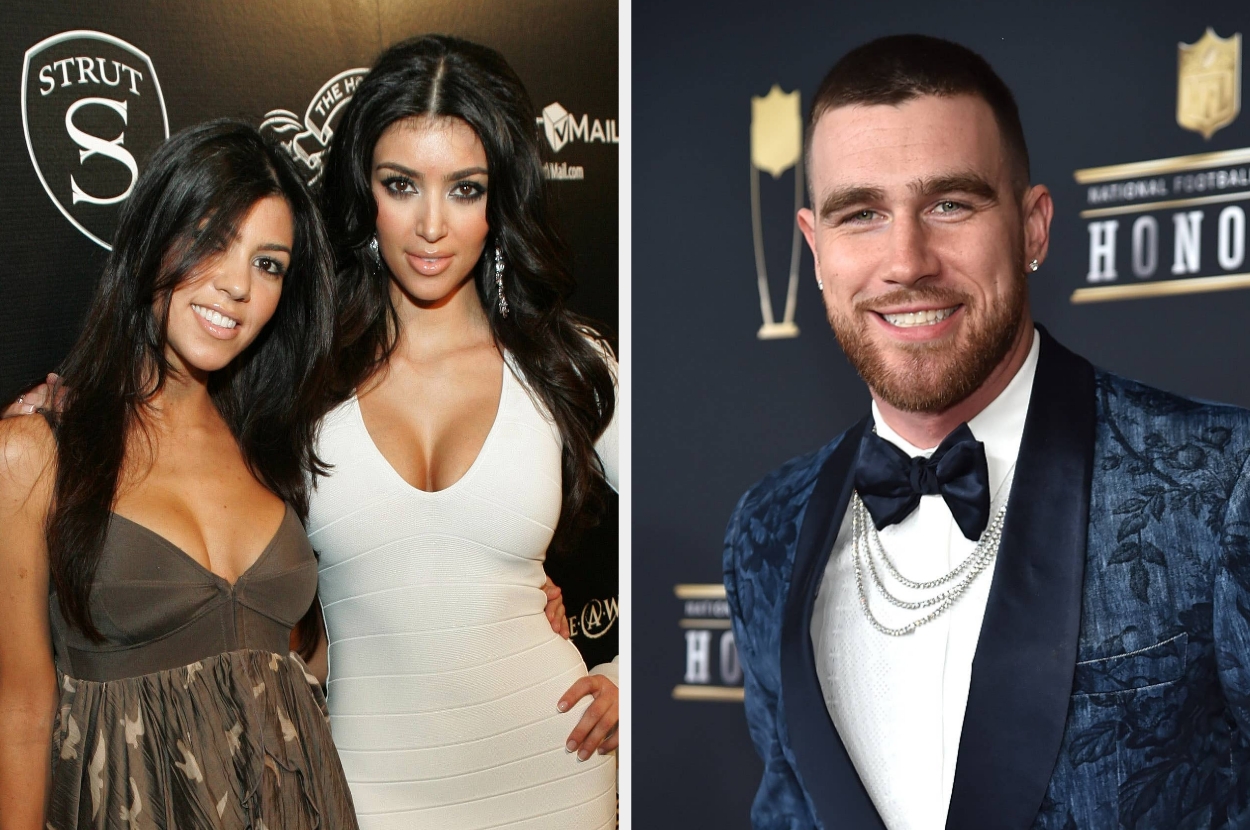 Left: Kourtney and Kim Kardashian. Right: Travis Kelce