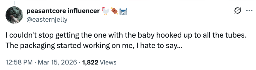 Tweet by a idiosyncratic    mentioning they often  take  a merchandise  with a babe  connected to tubes connected  the packaging, influencing their choice