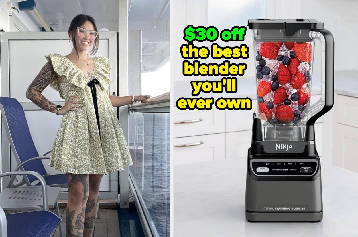 reviewer in a green floral dress / \$30 off a ninja blender