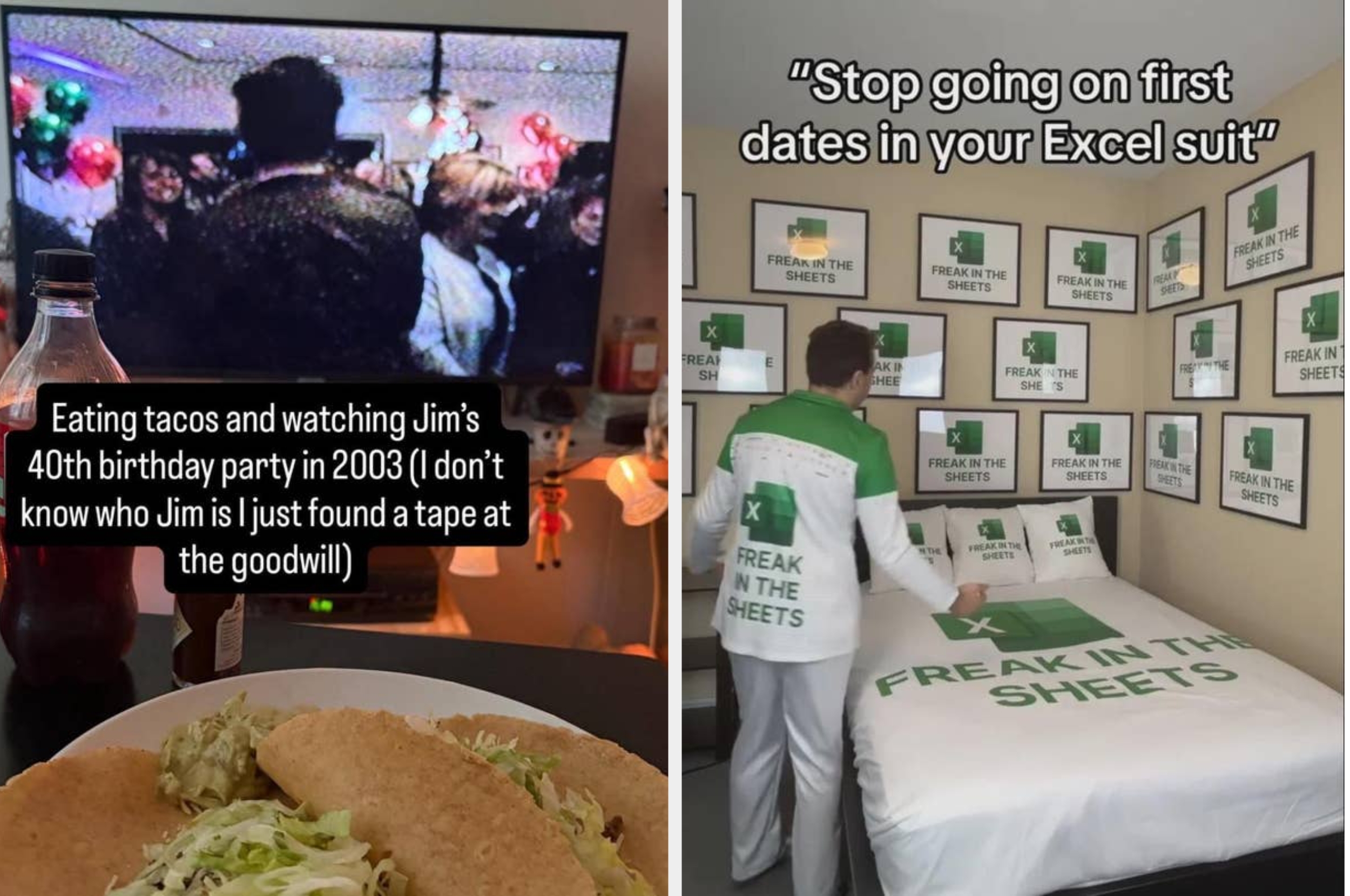 Left image: Tacos in front of a TV showing a party scene. Right image: Person in a room with "Freak in the Sheets" decor, wearing a matching outfit