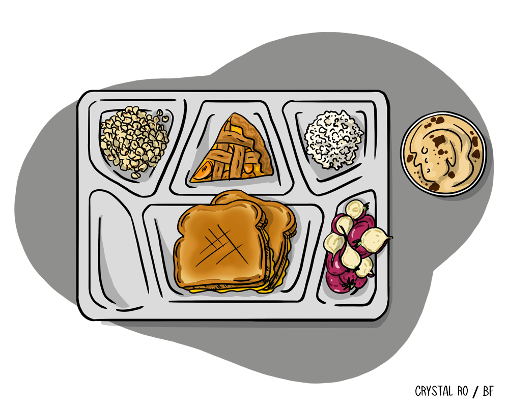 Illustration of a cafeteria tray with a sandwich, popcorn, portion of pie, salad, and a portion connected the side