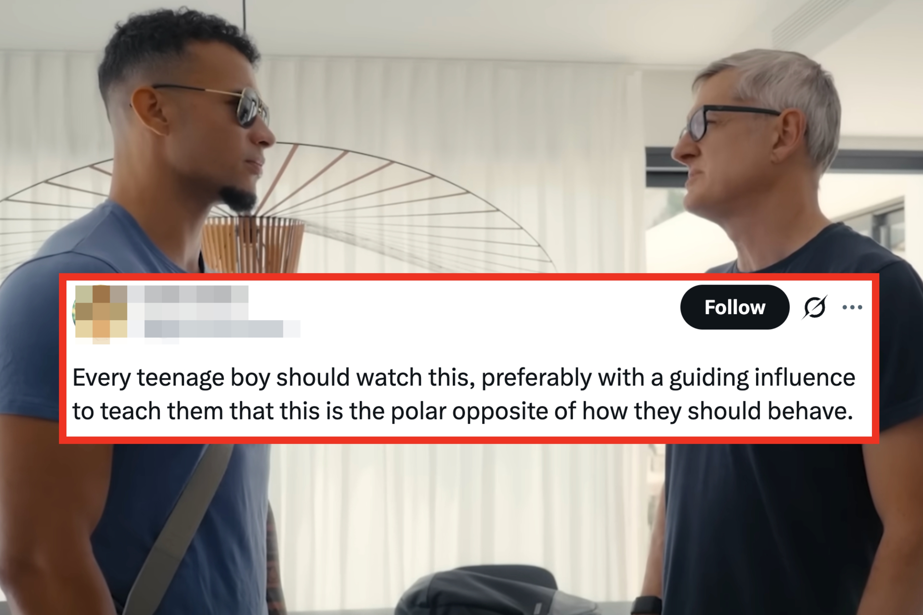 Two individuals, one in a casual blue T-shirt and sunglasses, the other in a dark T-shirt and glasses, face each other in a modern room