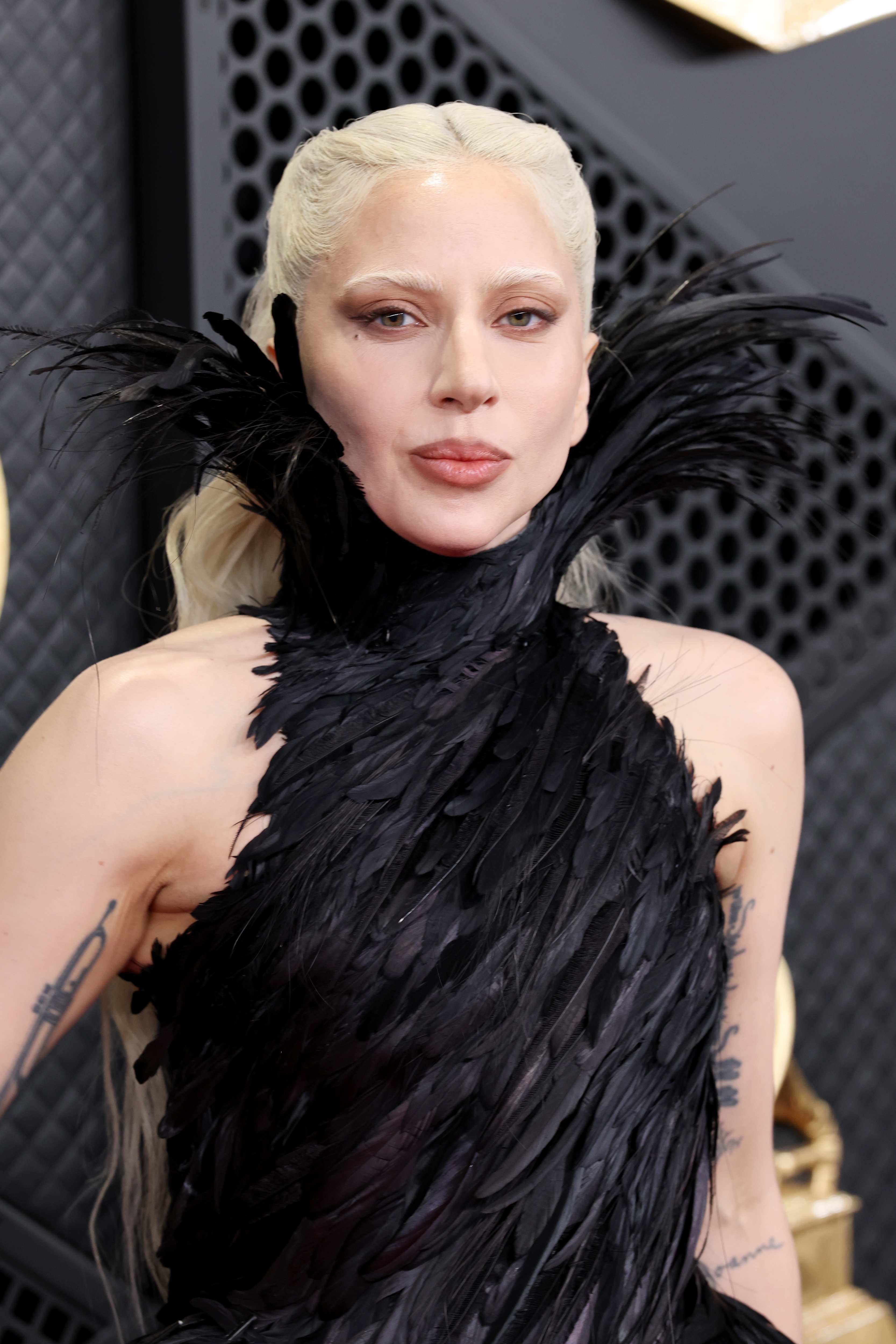 Lady Gaga successful  a feathered, high-neck achromatic  gown with a melodramatic  collar, attending a ceremonial  event