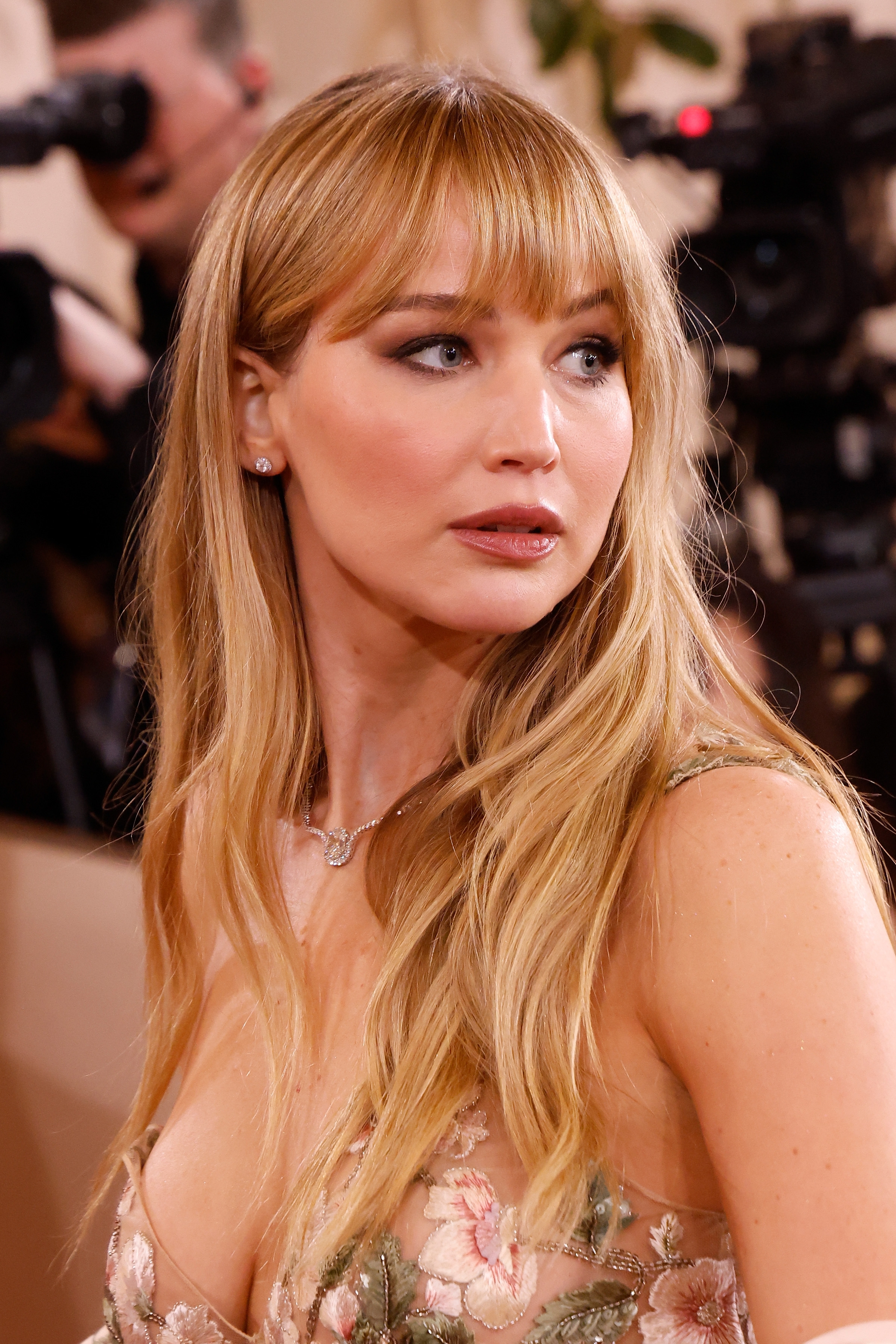 Jennifer Lawrence connected  the reddish  carpet wearing a floral-patterned dress, with cameras successful  the background