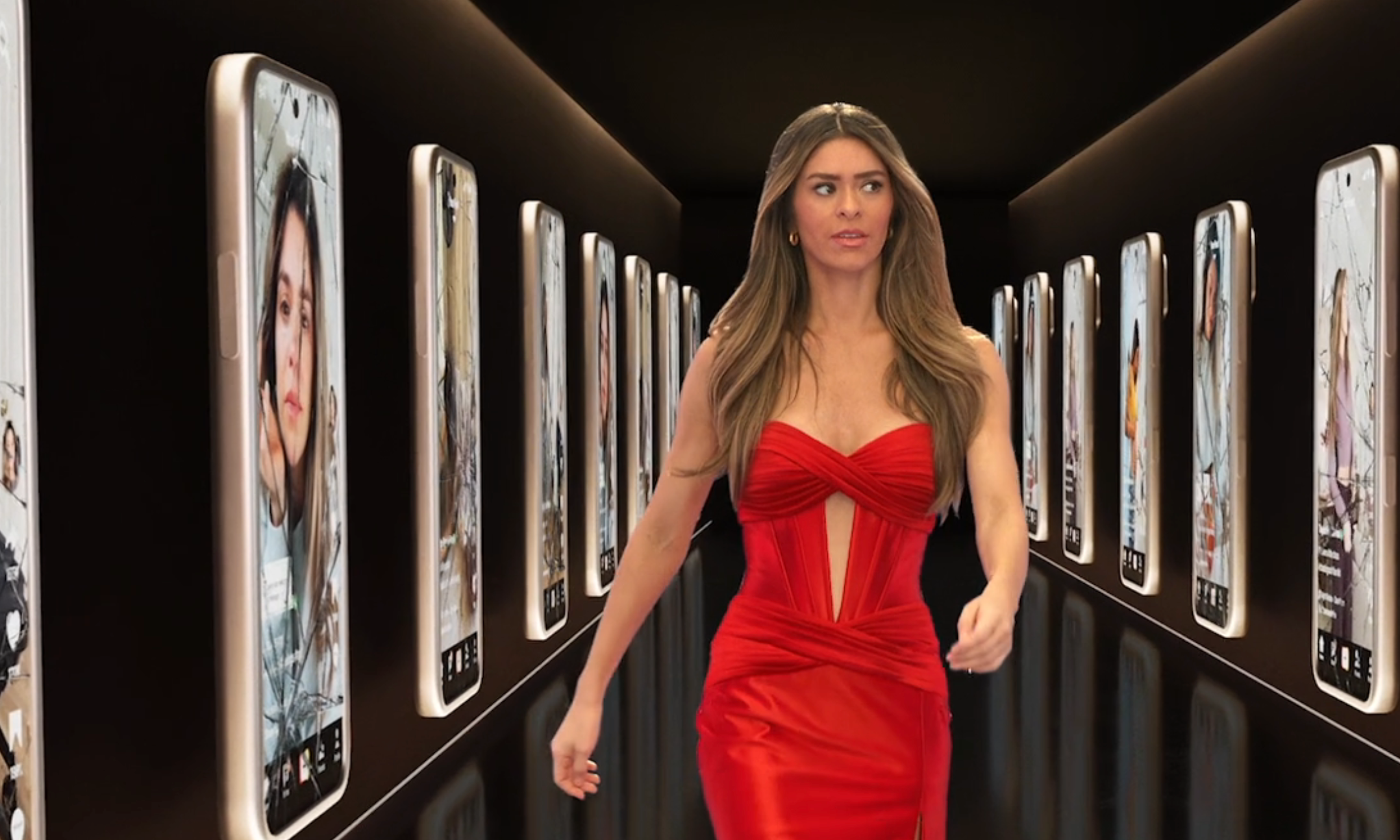 A pistillate   successful  an elegant, form-fitting formal  walks done  a hallway lined with ample  smartphone screens displaying images of herself