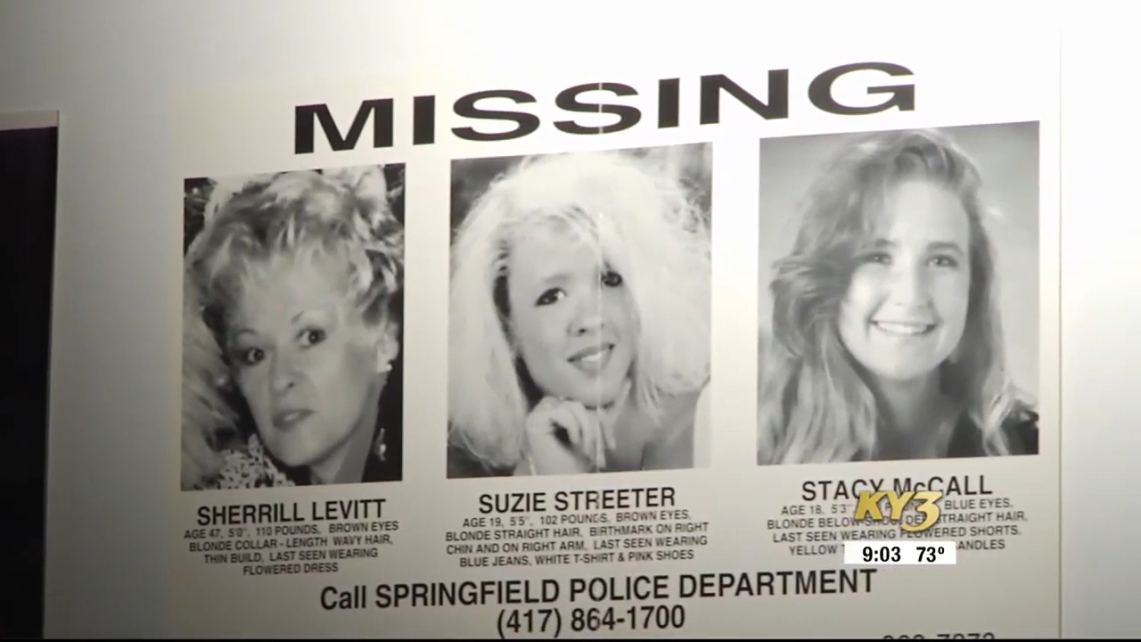 Missing persons poster with photos and details for Sherrill Levitt, Suzie Streeter, and Stacy McCall. Contact Springfield Police Department for info