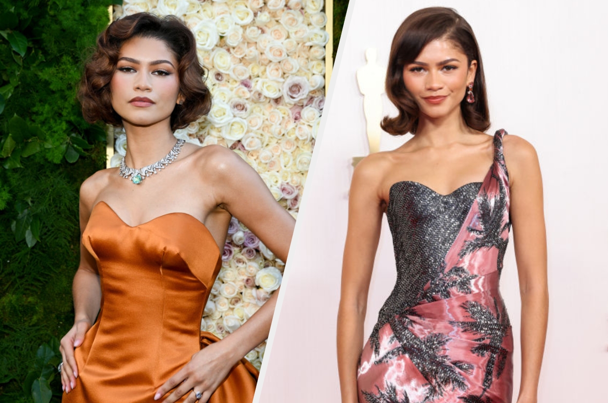 Two images of a celebrity in elegant dresses: one strapless orange gown, one metallic and pink strapless gown