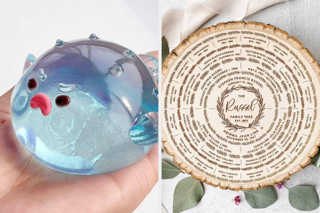 Left: Hand holding a puffer fish stress ball. Right: Personalized wooden family tree plaque with engraved names