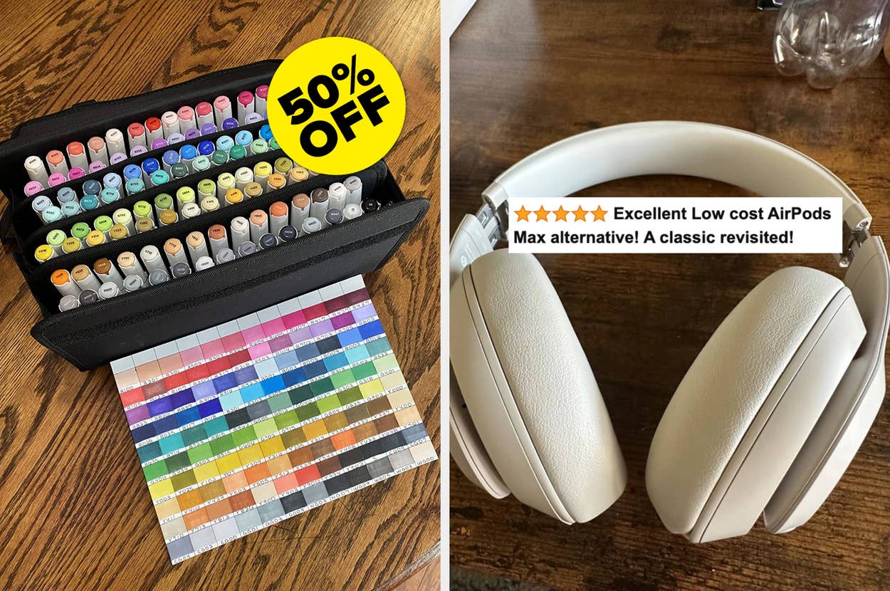 Discounted art markers in a case with color chart on the left; white headphones with text review on the right