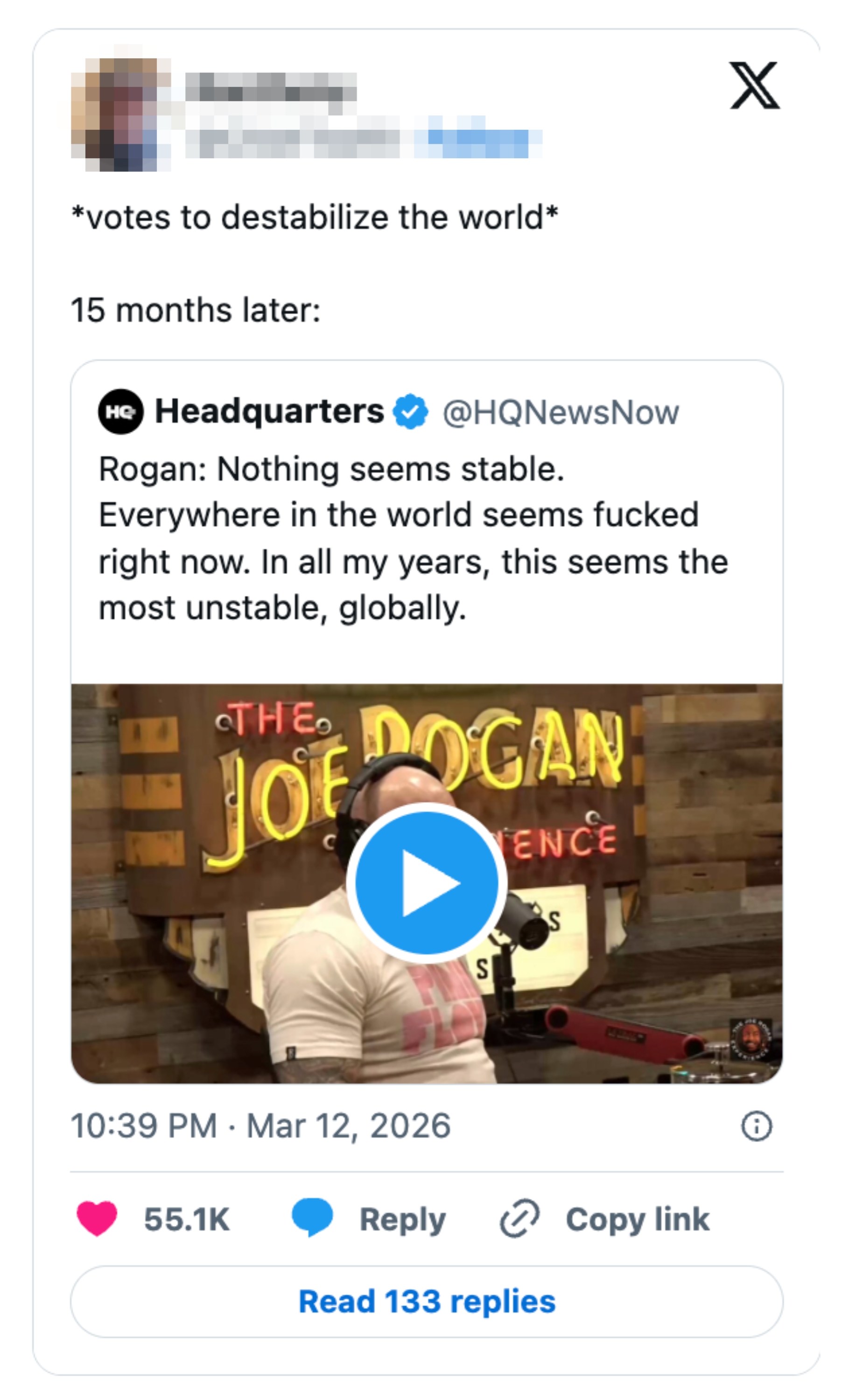 Tweet with idiosyncratic    joking astir  instability successful  the world, referencing a podcast mentioning planetary  instability