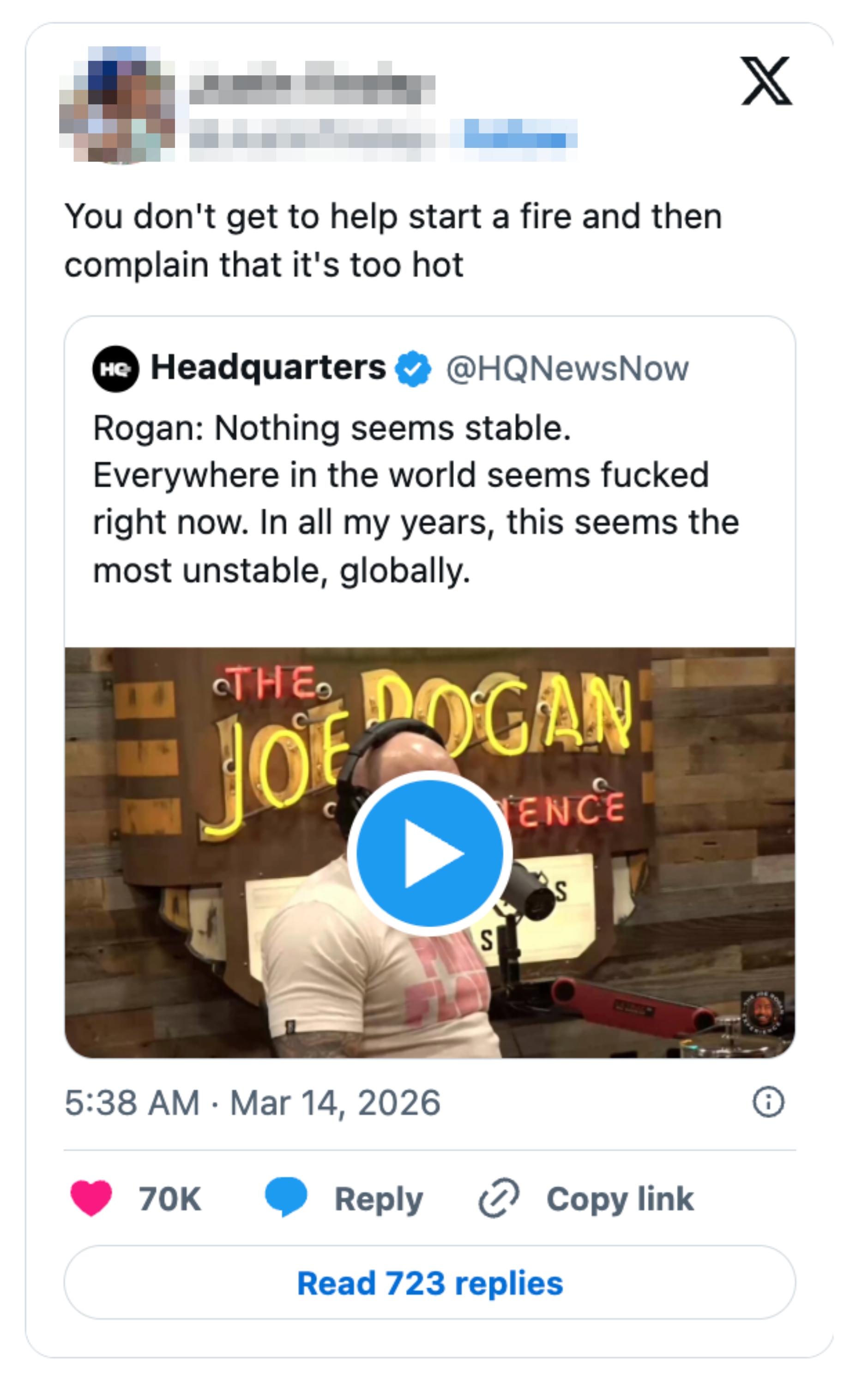 Tweet by Justin Tinsley commenting connected  a header  astir  planetary  instability from HQNewsNow featuring Joe Rogan