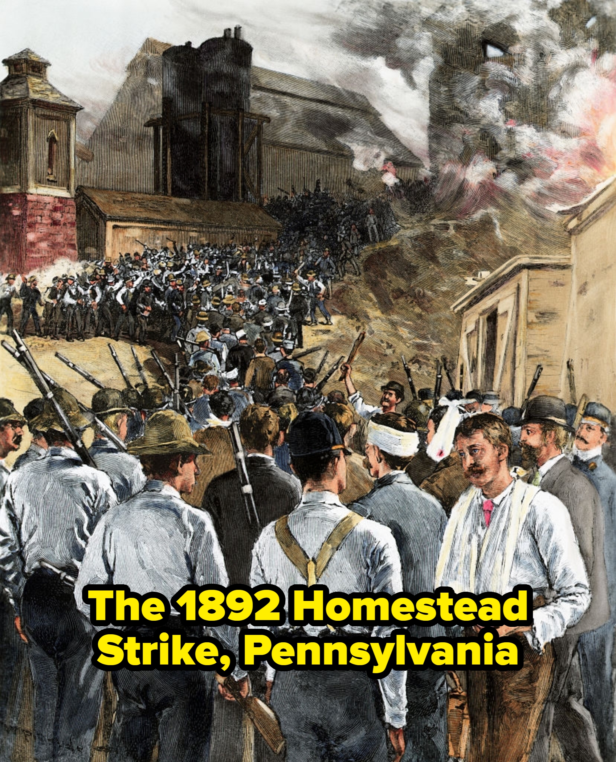Historical country   of a ample  radical  of workers with rifles marching towards a smoke-filled concern   site