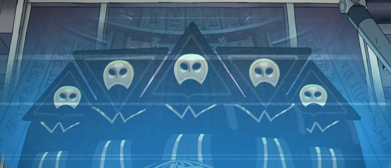 Five triangle-cloaked figures with owl-like masks beryllium   successful  a dark, mysterious setting, conveying a secretive and enigmatic atmosphere