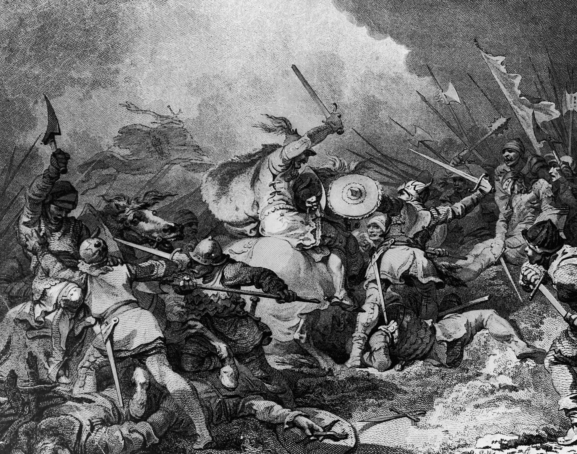 Historic conflict  country   depicting soldiers successful  combat with swords and shields, amidst chaos and a fallen soldier