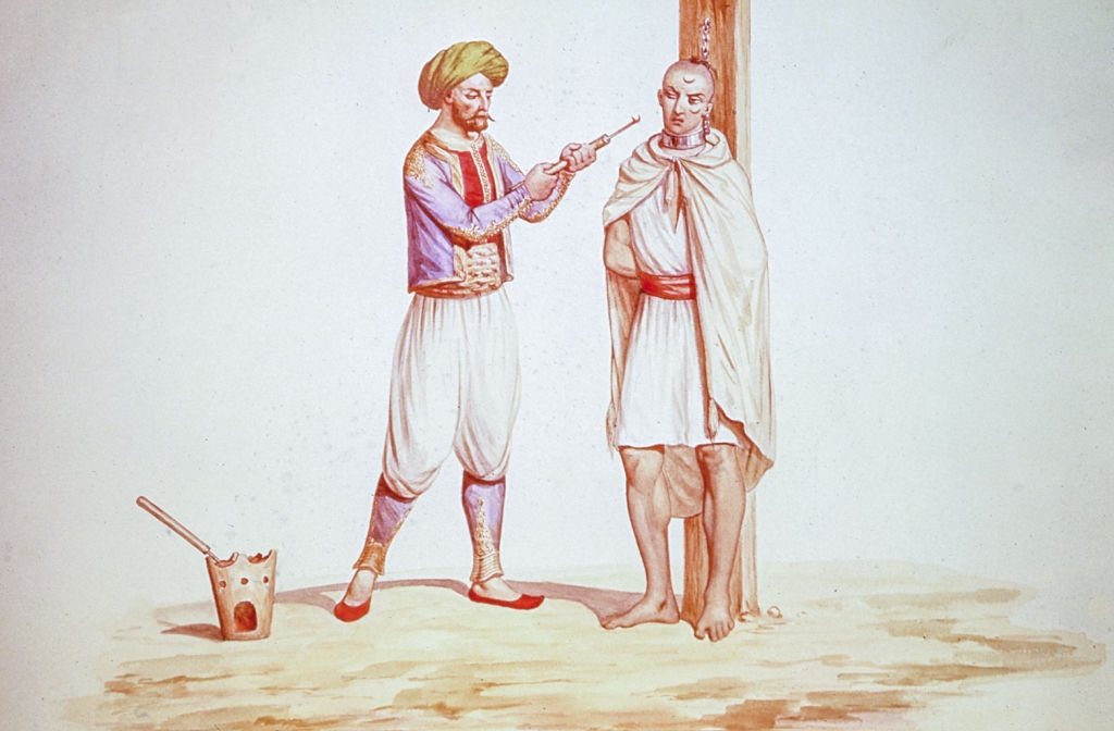 Historical illustration of a antheral   successful  accepted   attire holding a instrumentality   adjacent   different  antheral   tied to a pole, representing 18th-century punishment   methods